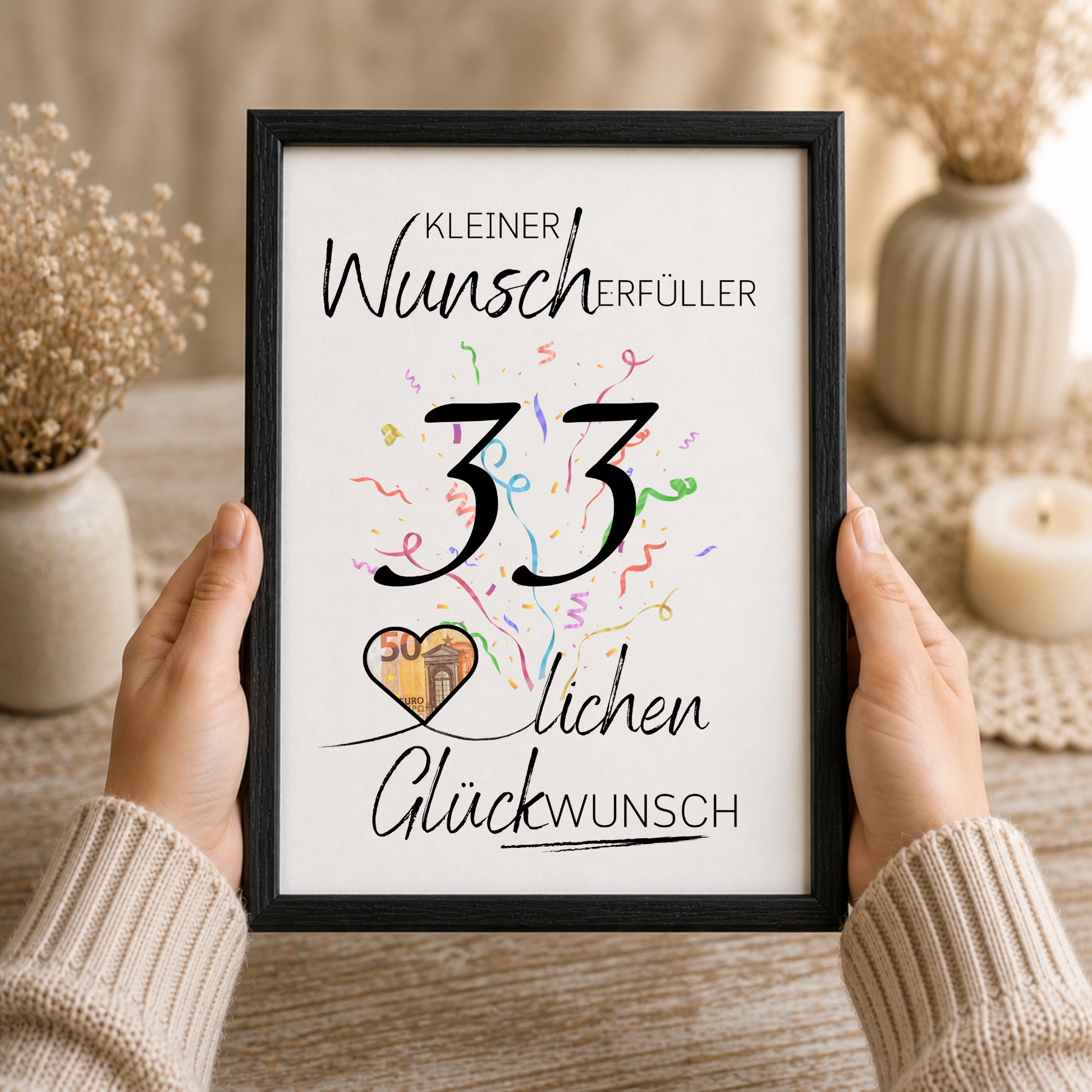 Geldgeschenk 33. Geburtstag Printable mit schwarzer Typografie, buntem Konfetti und Herz für Geldschein als Wunscherfüller zum Ausdrucken im DIN A4 Format