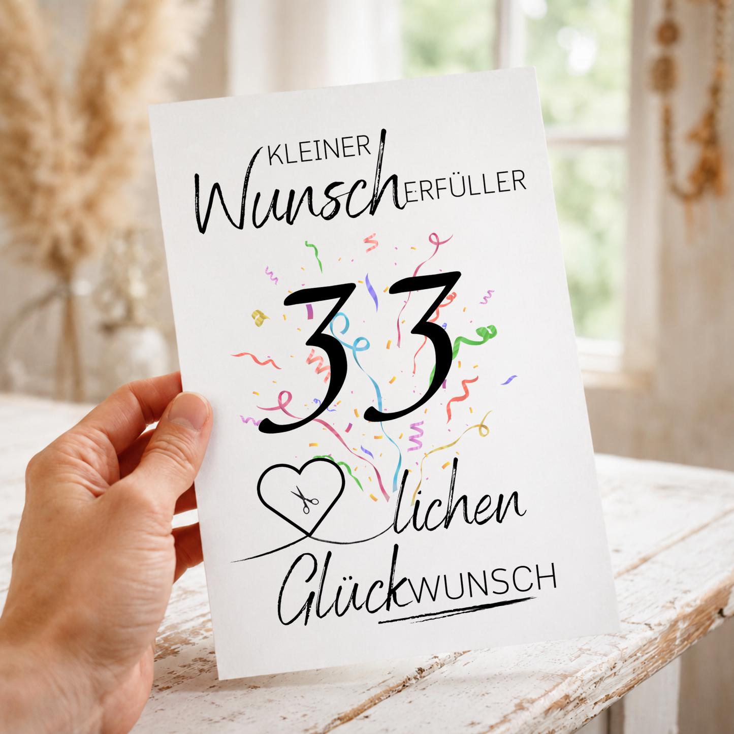 Geldgeschenk 33. Geburtstag Printable mit schwarzer Typografie, buntem Konfetti und Herz für Geldschein als Wunscherfüller zum Ausdrucken im DIN A4 Format