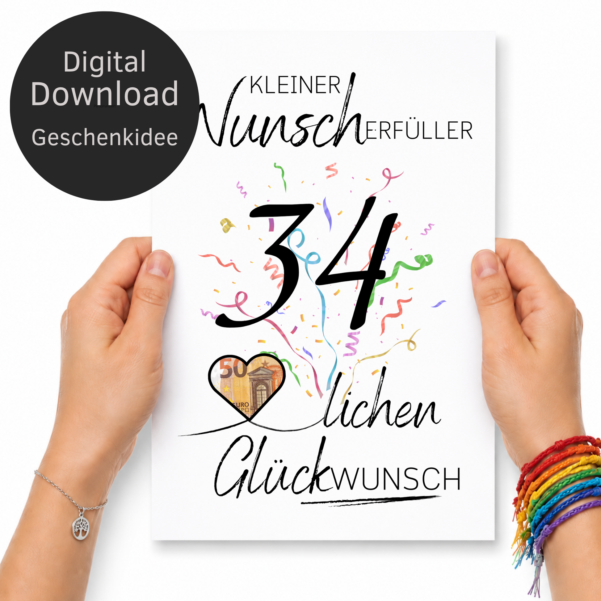 Geldgeschenk 34. Geburtstag Printable mit schwarzer Zahl 34, buntem Konfetti, Herz für Geldschein und Schriftzug Kleiner Wunscherfüller Glückwunsch zum Ausdrucken