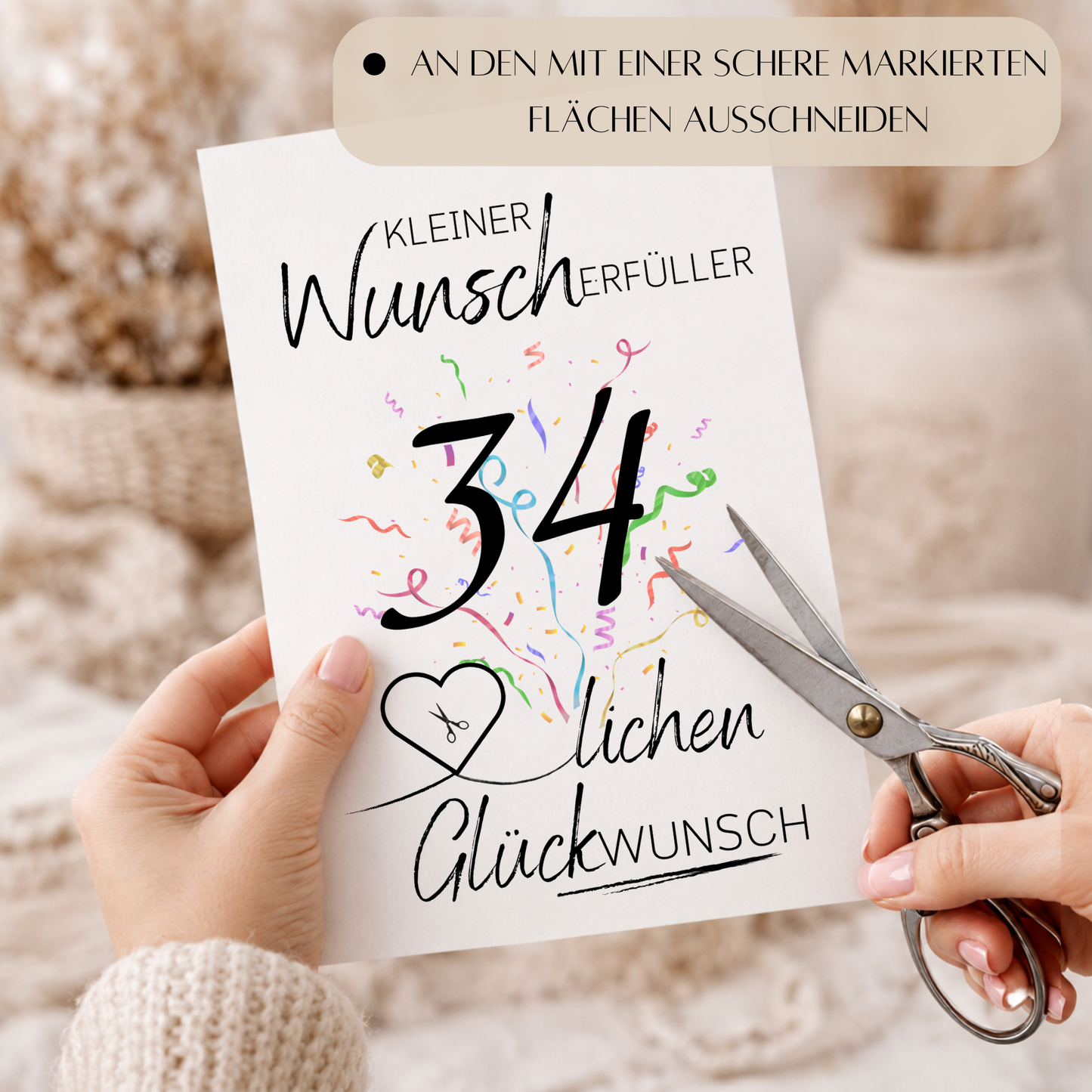 Geldgeschenk 34. Geburtstag Printable mit schwarzer Zahl 34, buntem Konfetti, Herz für Geldschein und Schriftzug Kleiner Wunscherfüller Glückwunsch zum Ausdrucken