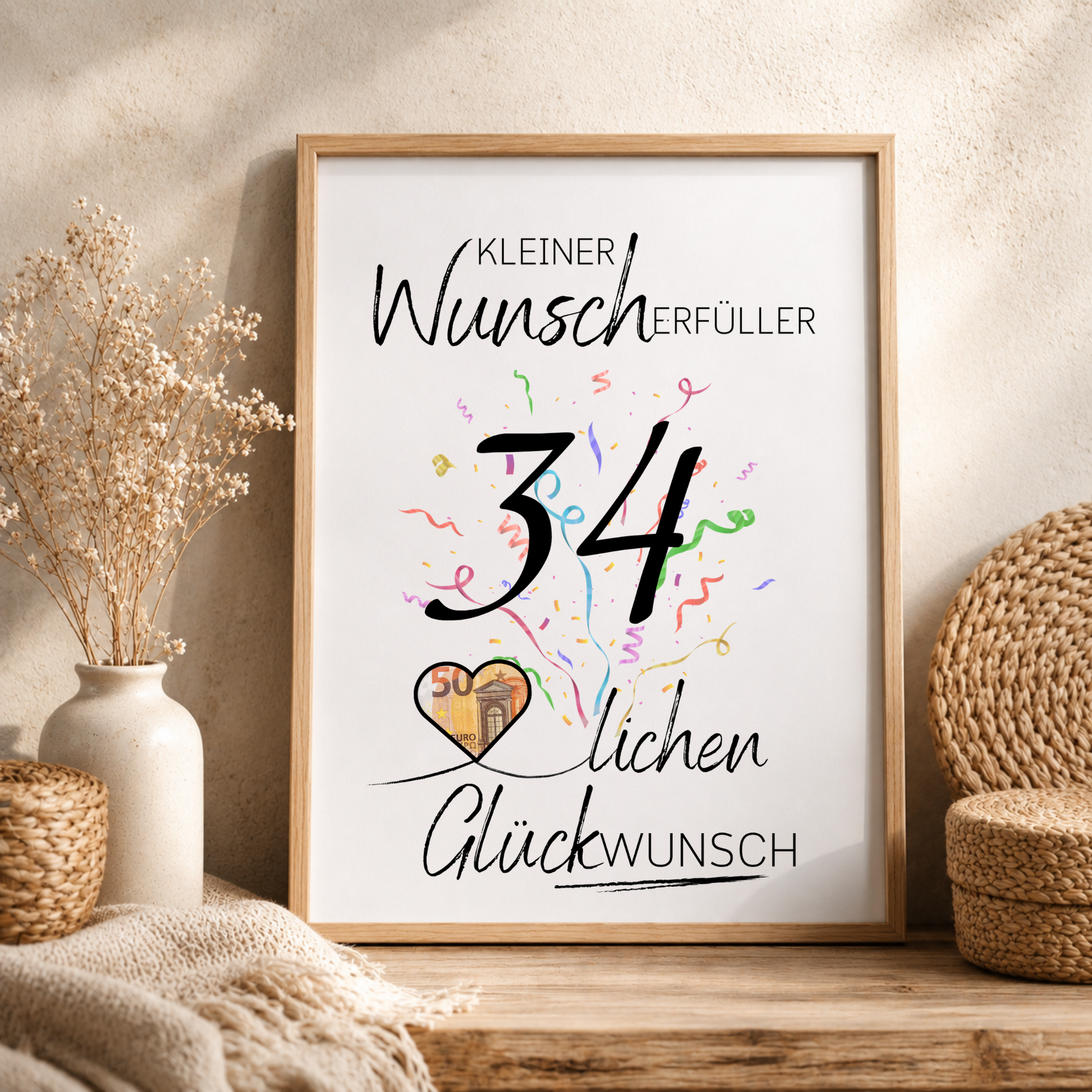 Geldgeschenk 34. Geburtstag Printable mit schwarzer Zahl 34, buntem Konfetti, Herz für Geldschein und Schriftzug Kleiner Wunscherfüller Glückwunsch zum Ausdrucken