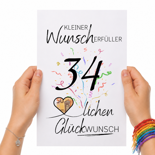 Geldgeschenk 34. Geburtstag Printable mit schwarzer Zahl 34, buntem Konfetti, Herz für Geldschein und Schriftzug Kleiner Wunscherfüller Glückwunsch zum Ausdrucken
