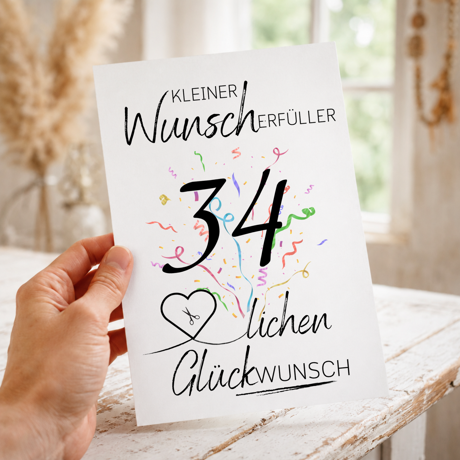 Geldgeschenk 34. Geburtstag Printable mit schwarzer Zahl 34, buntem Konfetti, Herz für Geldschein und Schriftzug Kleiner Wunscherfüller Glückwunsch zum Ausdrucken