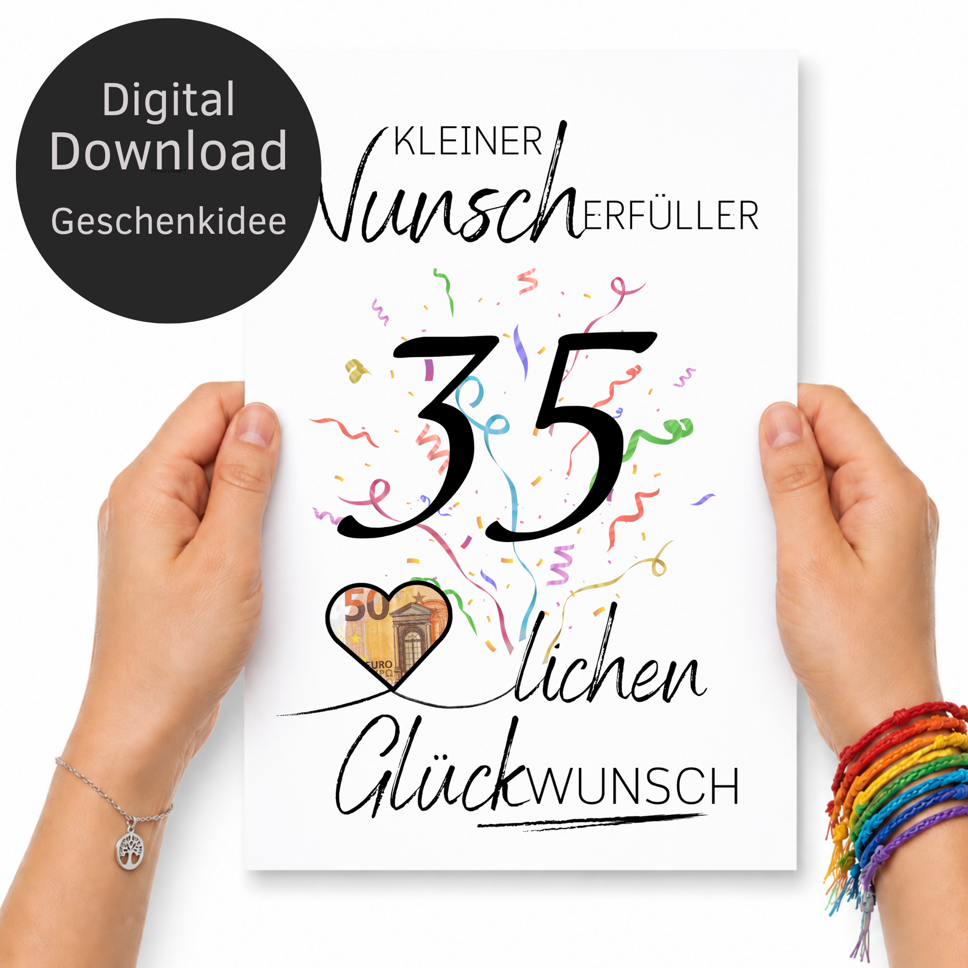 Geldgeschenk 35. Geburtstag Printable mit großer schwarzer Zahl 35, buntem Konfetti, Herz zum Ausschneiden für Geldschein und Schriftzug Kleiner Wunscherfüller Glückwunsch