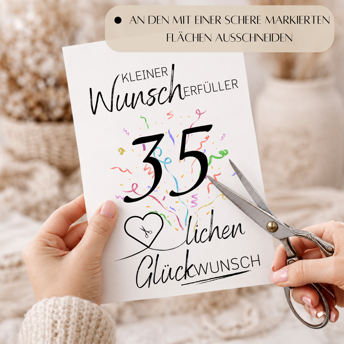 Geldgeschenk 35. Geburtstag Printable mit großer schwarzer Zahl 35, buntem Konfetti, Herz zum Ausschneiden für Geldschein und Schriftzug Kleiner Wunscherfüller Glückwunsch