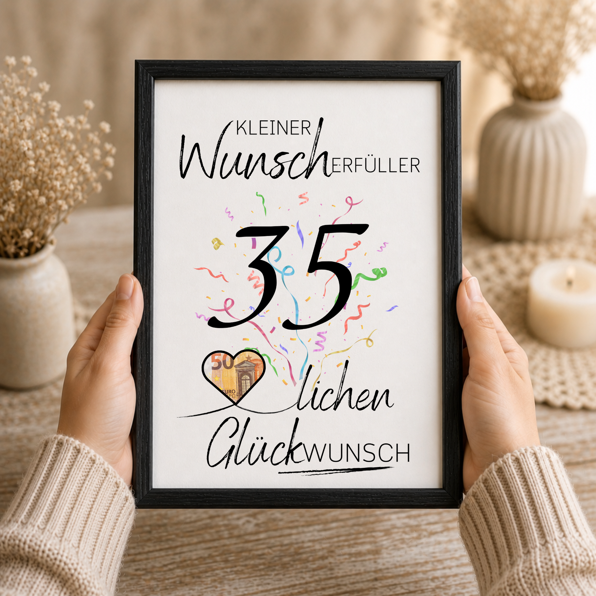 Geldgeschenk 35. Geburtstag Printable mit großer schwarzer Zahl 35, buntem Konfetti, Herz zum Ausschneiden für Geldschein und Schriftzug Kleiner Wunscherfüller Glückwunsch