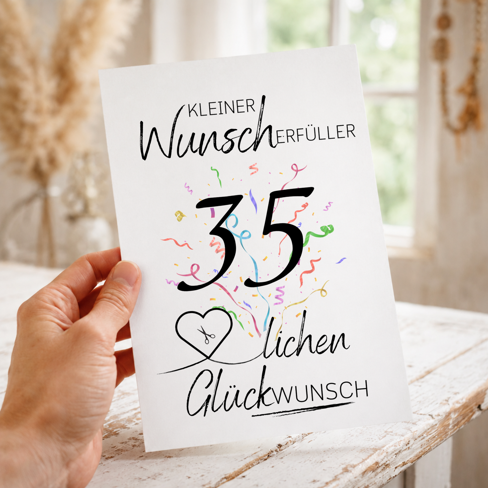 Geldgeschenk 35. Geburtstag Printable mit großer schwarzer Zahl 35, buntem Konfetti, Herz zum Ausschneiden für Geldschein und Schriftzug Kleiner Wunscherfüller Glückwunsch