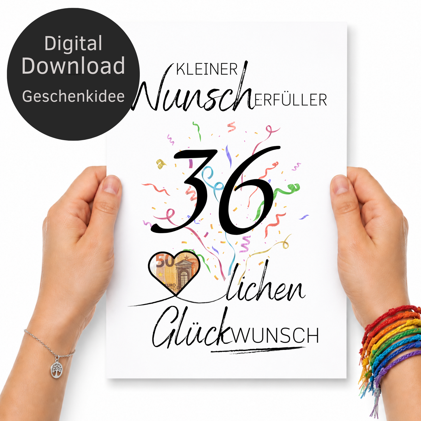 Geldgeschenk zum 36. Geburtstag als Printable mit Konfetti, Herz für Geldschein, Schriftzug Wunscherfüller und modernem Geburtstagsdesign zum Ausdrucken