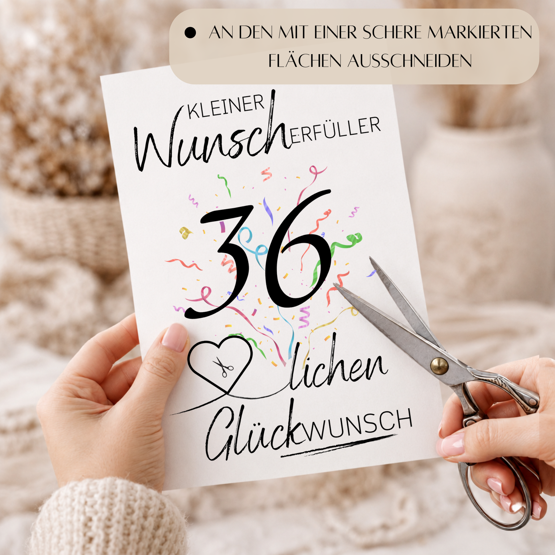 Geldgeschenk zum 36. Geburtstag als Printable mit Konfetti, Herz für Geldschein, Schriftzug Wunscherfüller und modernem Geburtstagsdesign zum Ausdrucken