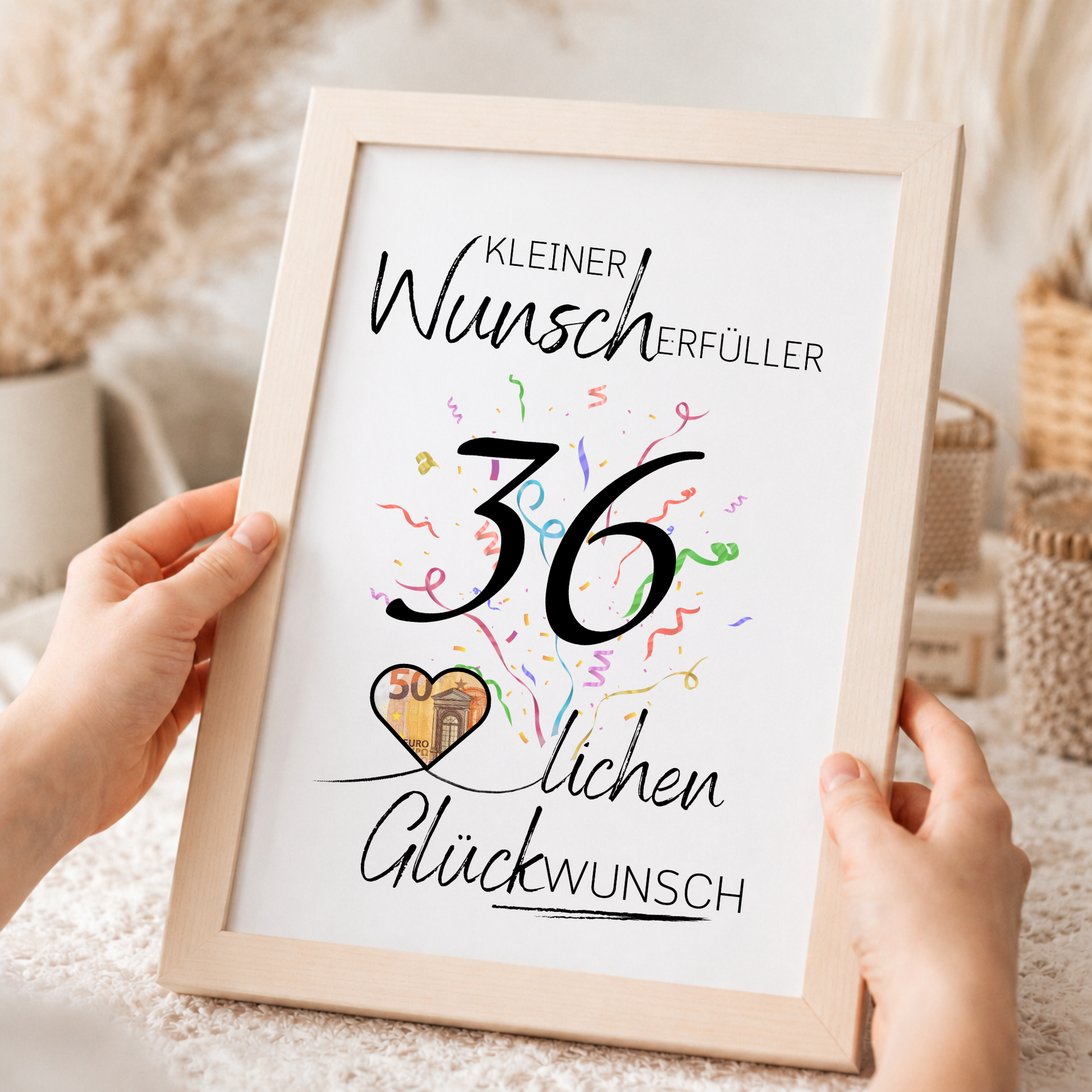 Geldgeschenk zum 36. Geburtstag als Printable mit Konfetti, Herz für Geldschein, Schriftzug Wunscherfüller und modernem Geburtstagsdesign zum Ausdrucken