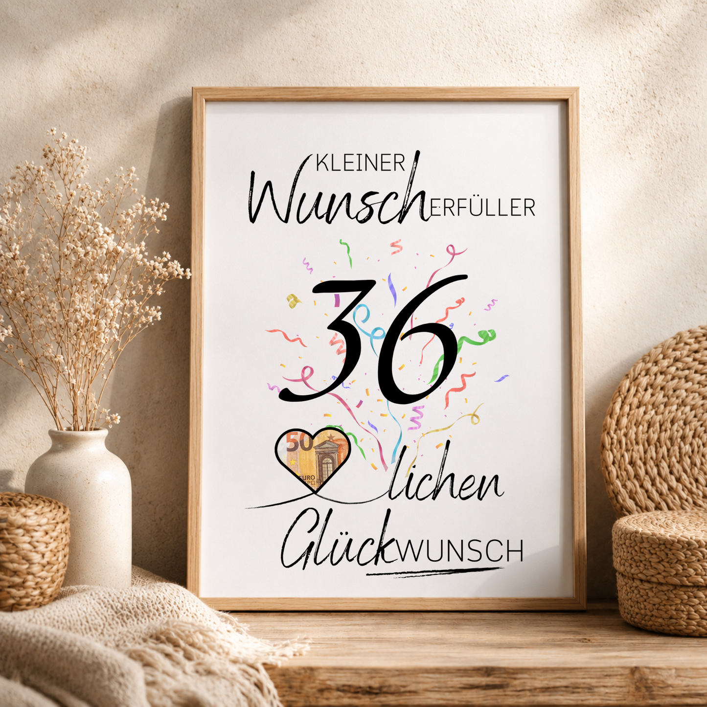 Geldgeschenk zum 36. Geburtstag als Printable mit Konfetti, Herz für Geldschein, Schriftzug Wunscherfüller und modernem Geburtstagsdesign zum Ausdrucken