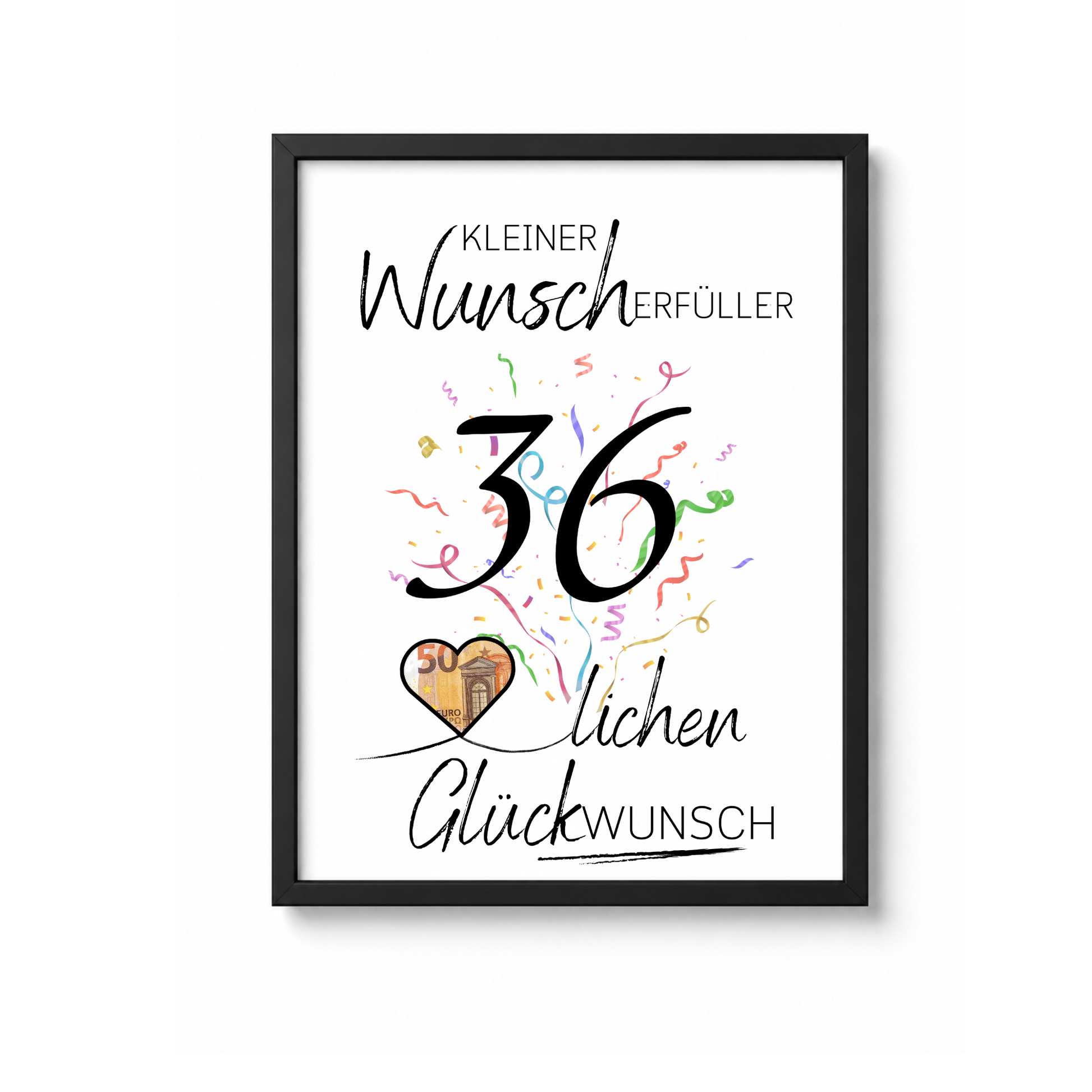 Geldgeschenk zum 36. Geburtstag als Printable mit Konfetti, Herz für Geldschein, Schriftzug Wunscherfüller und modernem Geburtstagsdesign zum Ausdrucken