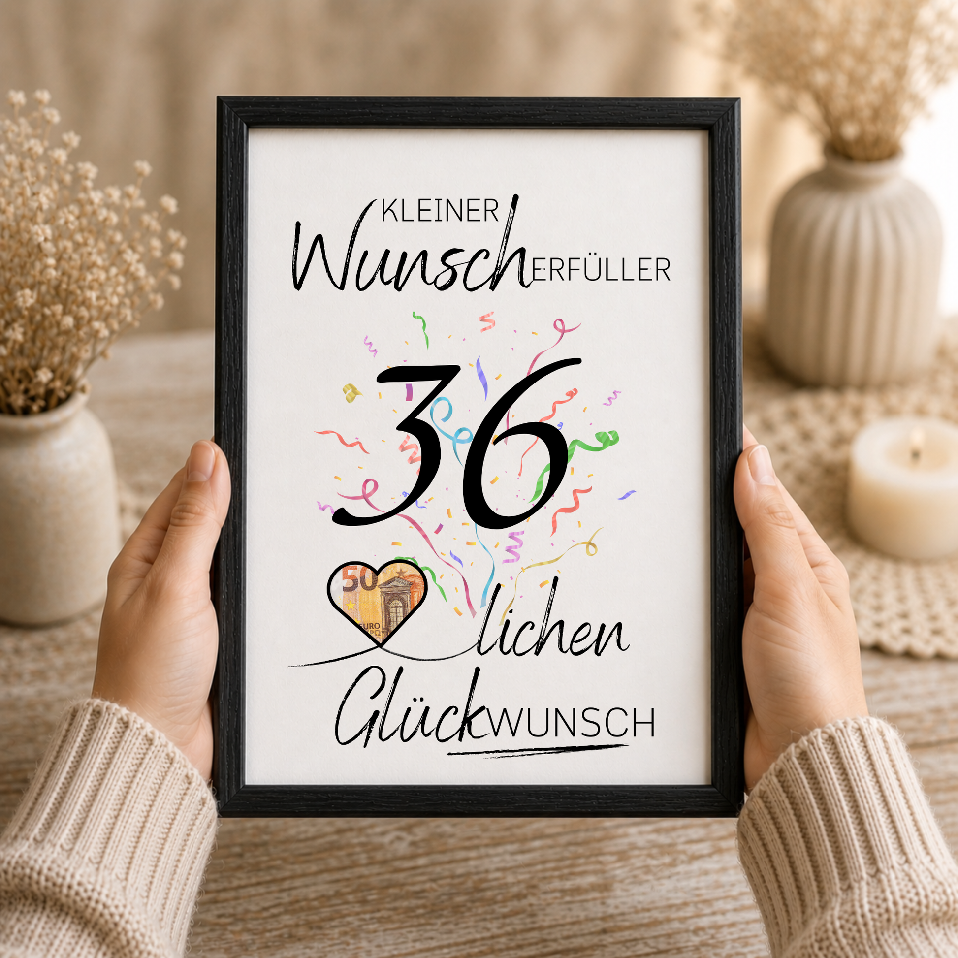 Geldgeschenk zum 36. Geburtstag als Printable mit Konfetti, Herz für Geldschein, Schriftzug Wunscherfüller und modernem Geburtstagsdesign zum Ausdrucken