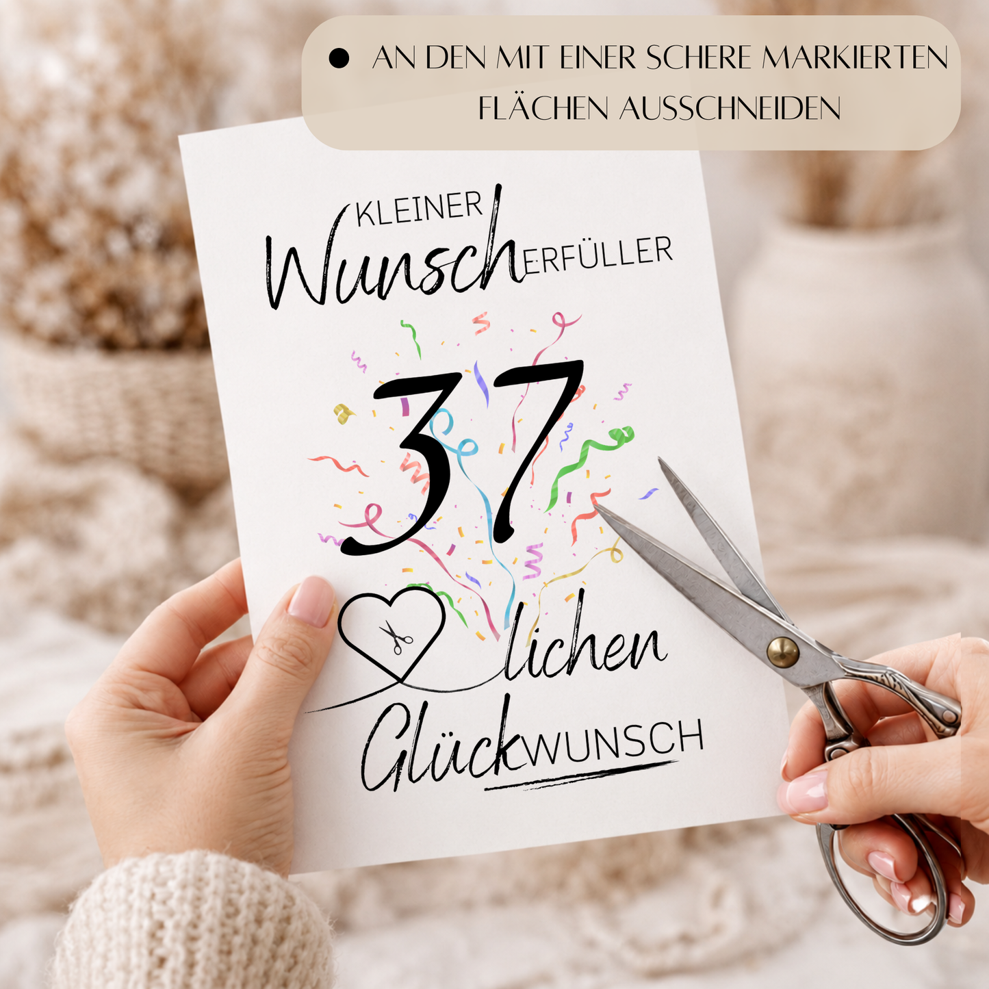 Geldgeschenk 37. Geburtstag Printable mit Schriftzug Kleiner Wunscherfüller, großer Zahl 37, buntem Konfetti und Herz für Geldschein als Digital Download zum Ausdrucken