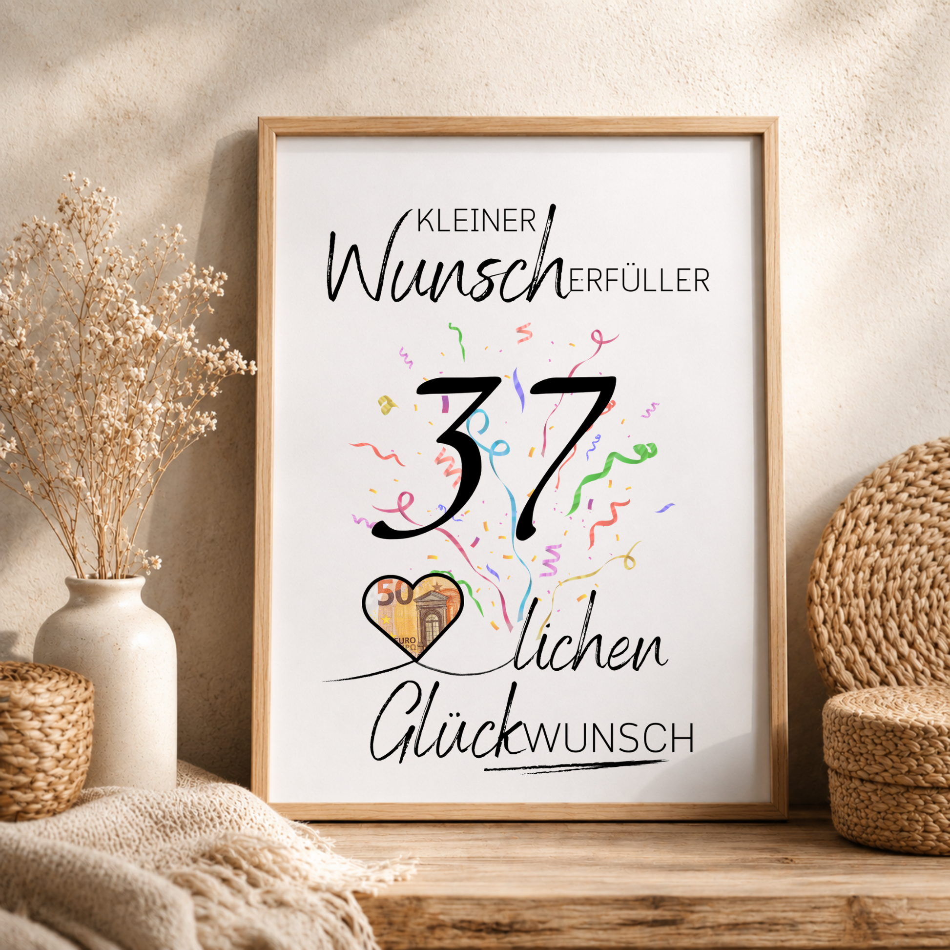 Geldgeschenk 37. Geburtstag Printable mit Schriftzug Kleiner Wunscherfüller, großer Zahl 37, buntem Konfetti und Herz für Geldschein als Digital Download zum Ausdrucken