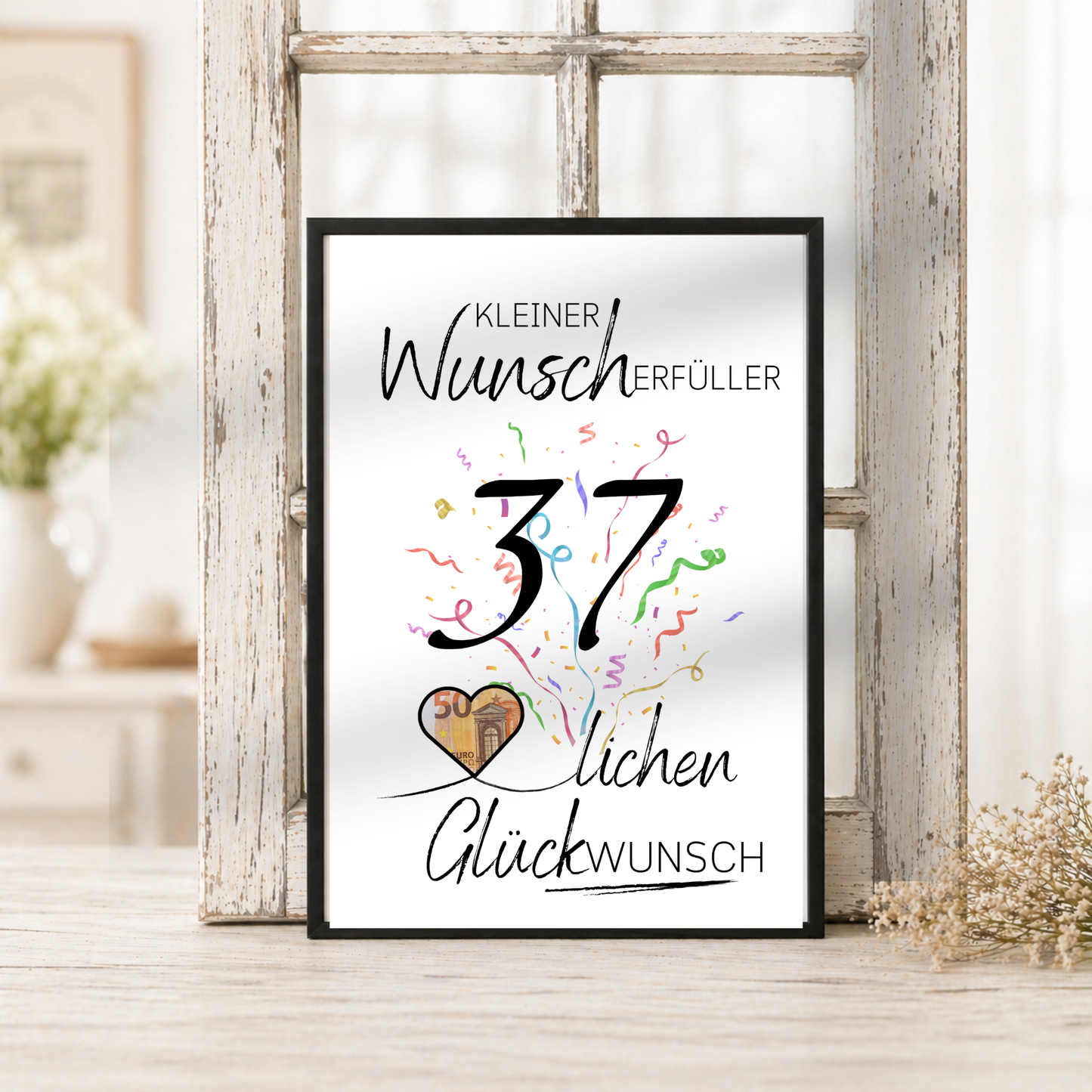 Geldgeschenk 37. Geburtstag Printable mit Schriftzug Kleiner Wunscherfüller, großer Zahl 37, buntem Konfetti und Herz für Geldschein als Digital Download zum Ausdrucken