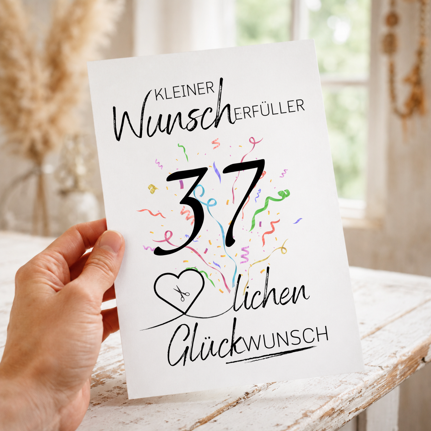 Geldgeschenk 37. Geburtstag Printable mit Schriftzug Kleiner Wunscherfüller, großer Zahl 37, buntem Konfetti und Herz für Geldschein als Digital Download zum Ausdrucken