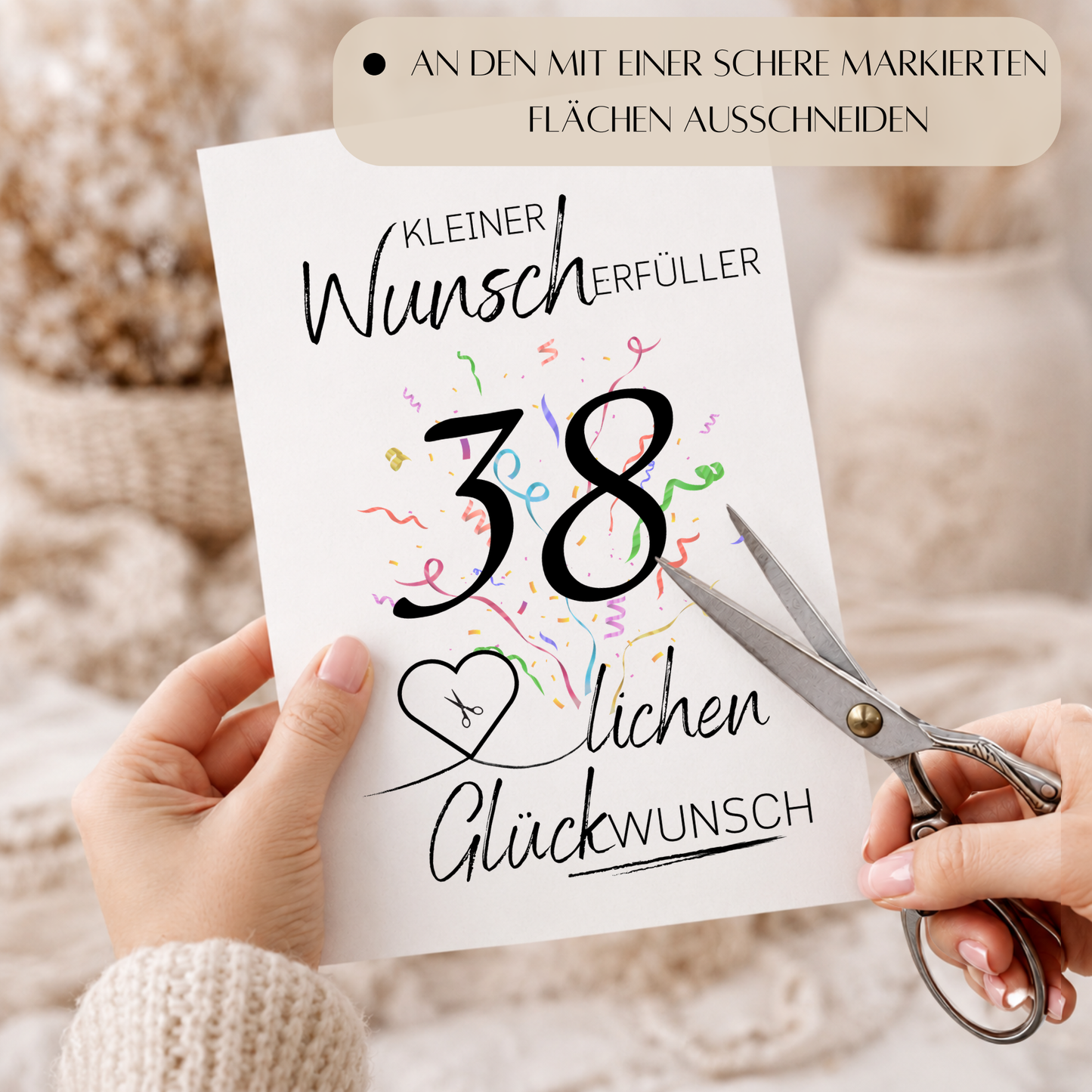 Geldgeschenk 38. Geburtstag Printable mit Konfetti, Herz für Geldschein, Wunscherfüller zum Ausdrucken, Digital Download DIN A4