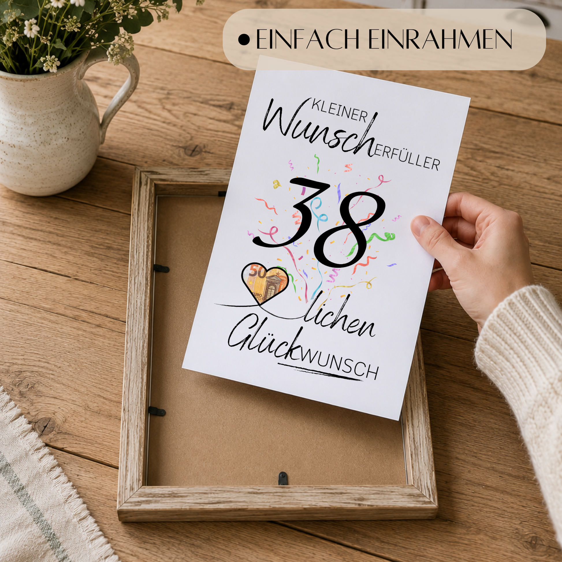 Geldgeschenk 38. Geburtstag Printable mit Konfetti, Herz für Geldschein, Wunscherfüller zum Ausdrucken, Digital Download DIN A4