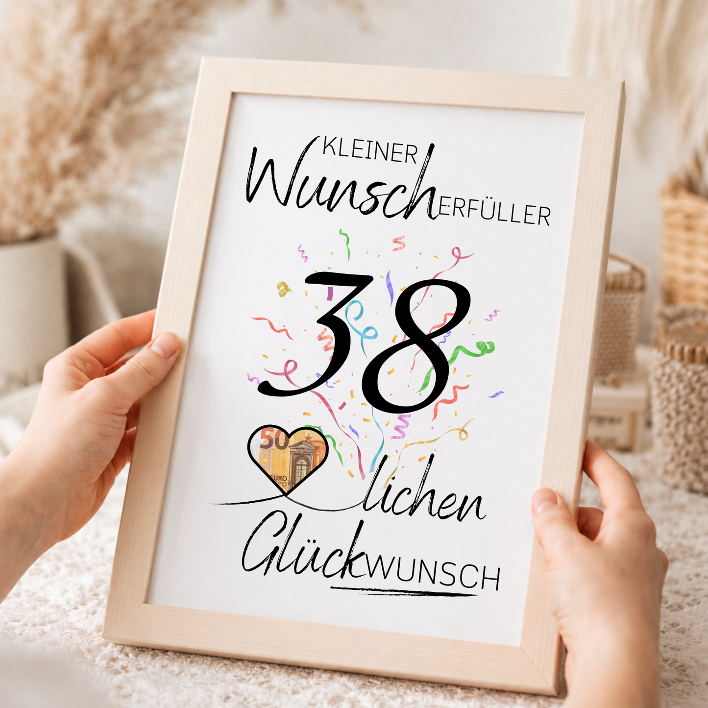 Geldgeschenk 38. Geburtstag Printable mit Konfetti, Herz für Geldschein, Wunscherfüller zum Ausdrucken, Digital Download DIN A4