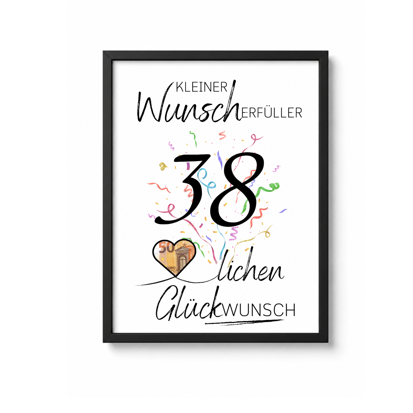 Geldgeschenk 38. Geburtstag Printable mit Konfetti, Herz für Geldschein, Wunscherfüller zum Ausdrucken, Digital Download DIN A4