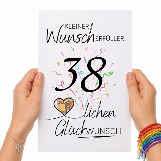 Geldgeschenk 38. Geburtstag Printable mit Konfetti, Herz für Geldschein, Wunscherfüller zum Ausdrucken, Digital Download DIN A4
