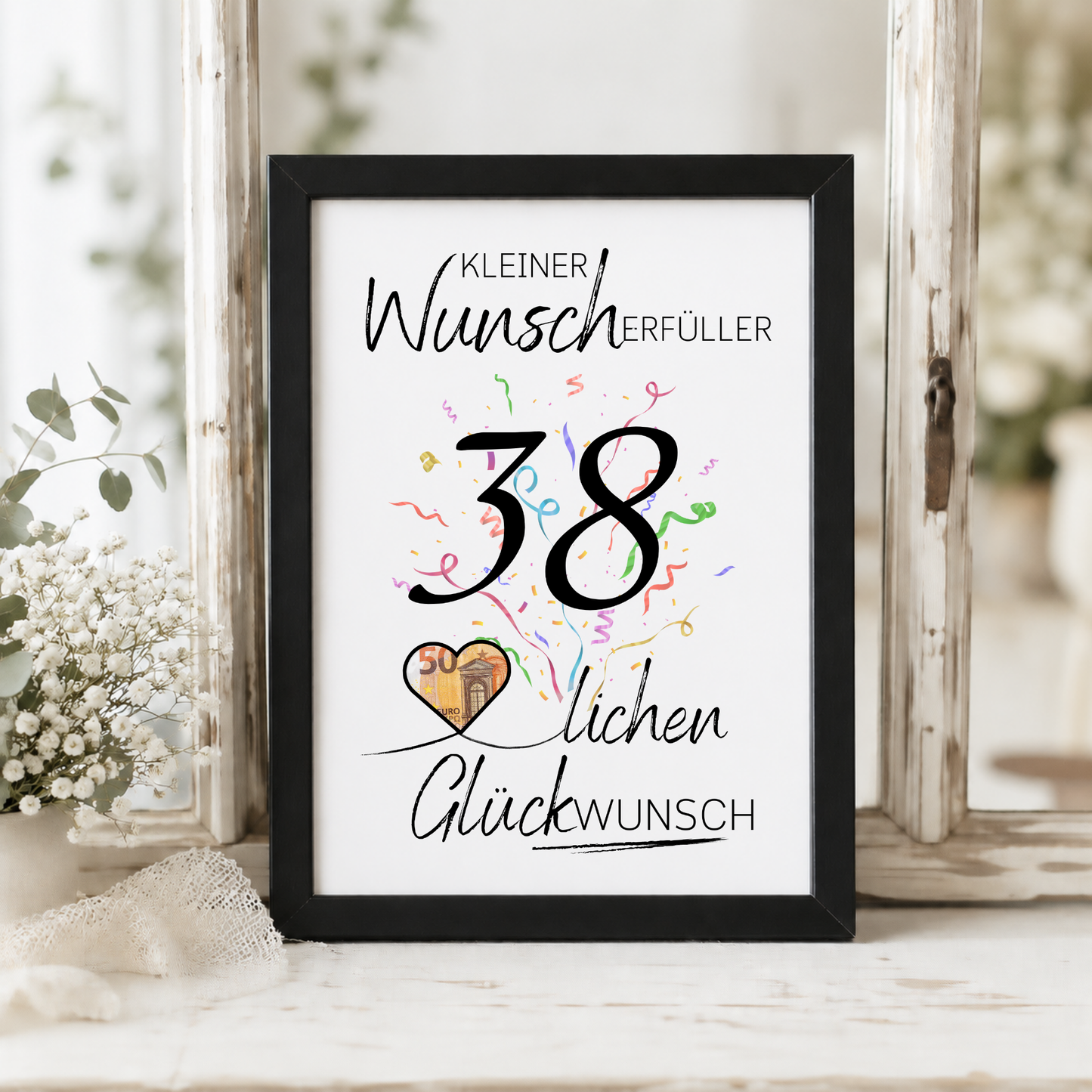 Geldgeschenk 38. Geburtstag Printable mit Konfetti, Herz für Geldschein, Wunscherfüller zum Ausdrucken, Digital Download DIN A4