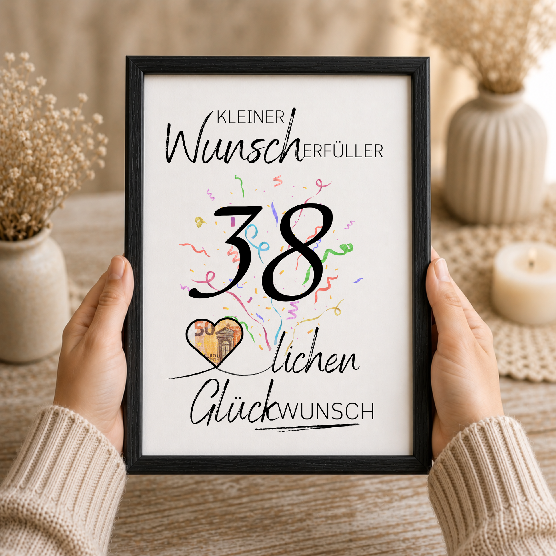 Geldgeschenk 38. Geburtstag Printable mit Konfetti, Herz für Geldschein, Wunscherfüller zum Ausdrucken, Digital Download DIN A4