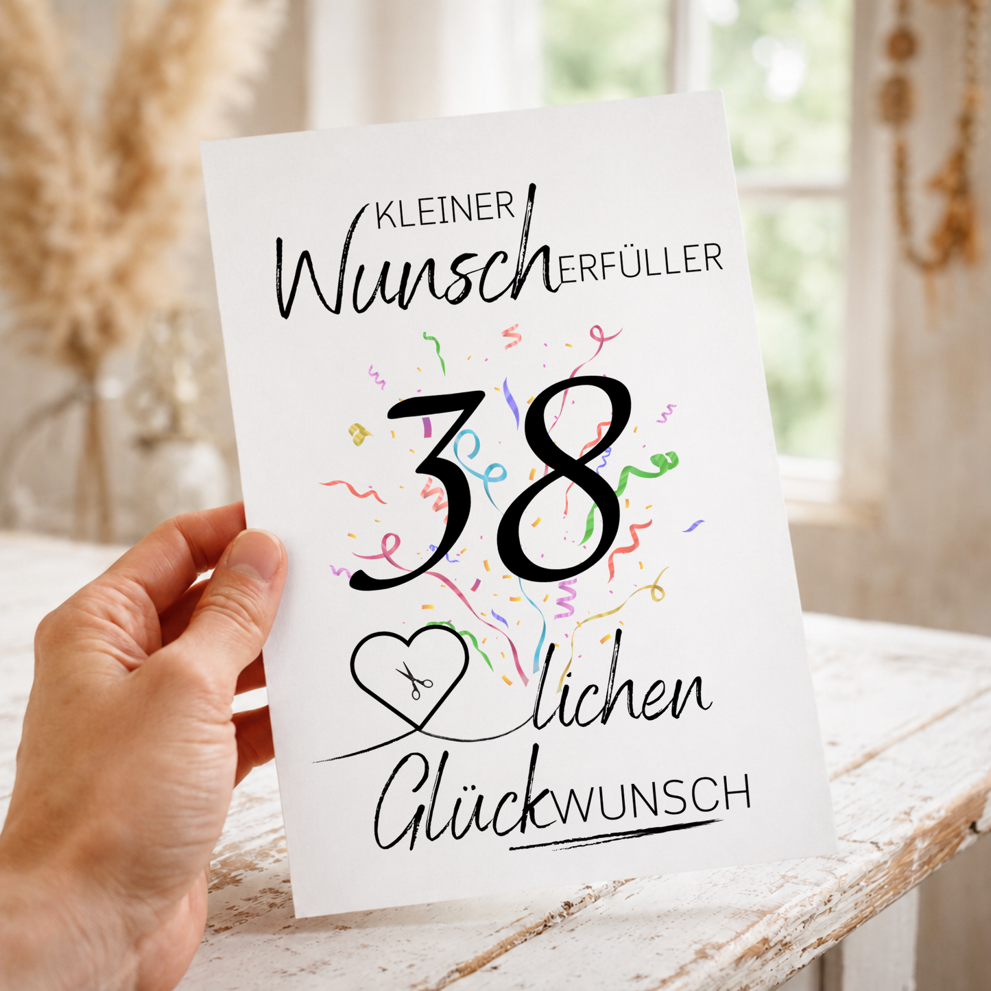Geldgeschenk 38. Geburtstag Printable mit Konfetti, Herz für Geldschein, Wunscherfüller zum Ausdrucken, Digital Download DIN A4