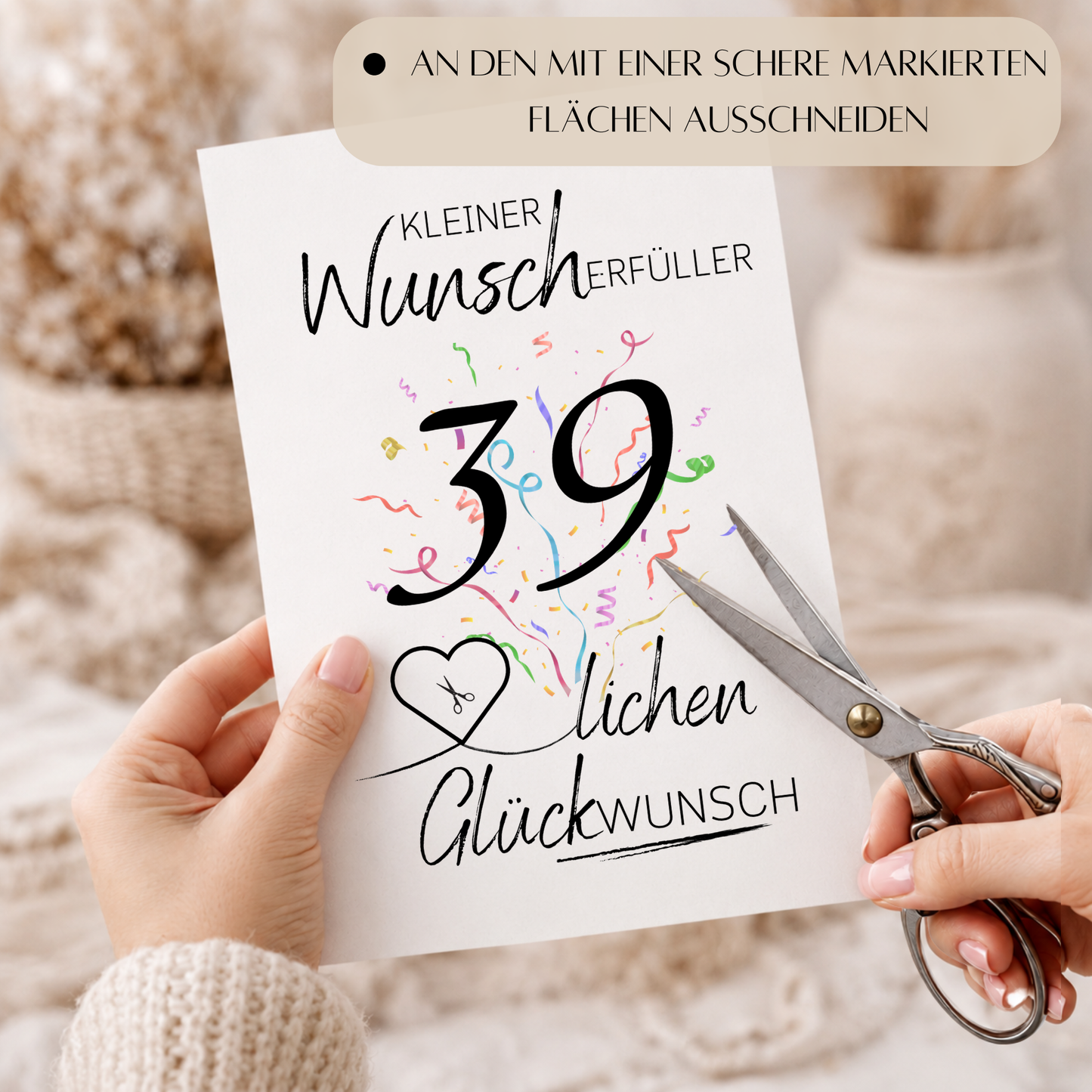 Geldgeschenk 39. Geburtstag Printable mit Konfetti, Schriftzug Kleiner Wunscherfüller, Herz für Geldschein und modernem Geburtstagsdesign zum Ausdrucken