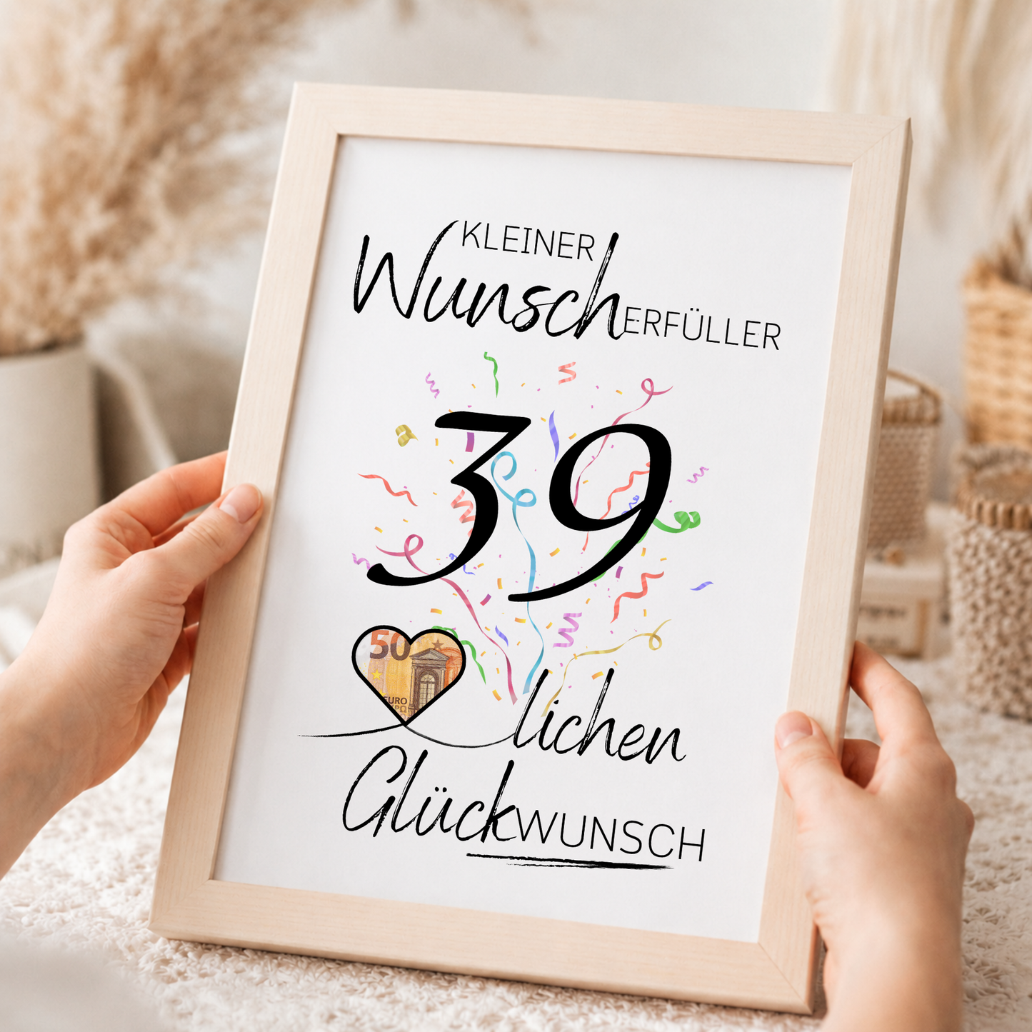 Geldgeschenk 39. Geburtstag Printable mit Konfetti, Schriftzug Kleiner Wunscherfüller, Herz für Geldschein und modernem Geburtstagsdesign zum Ausdrucken