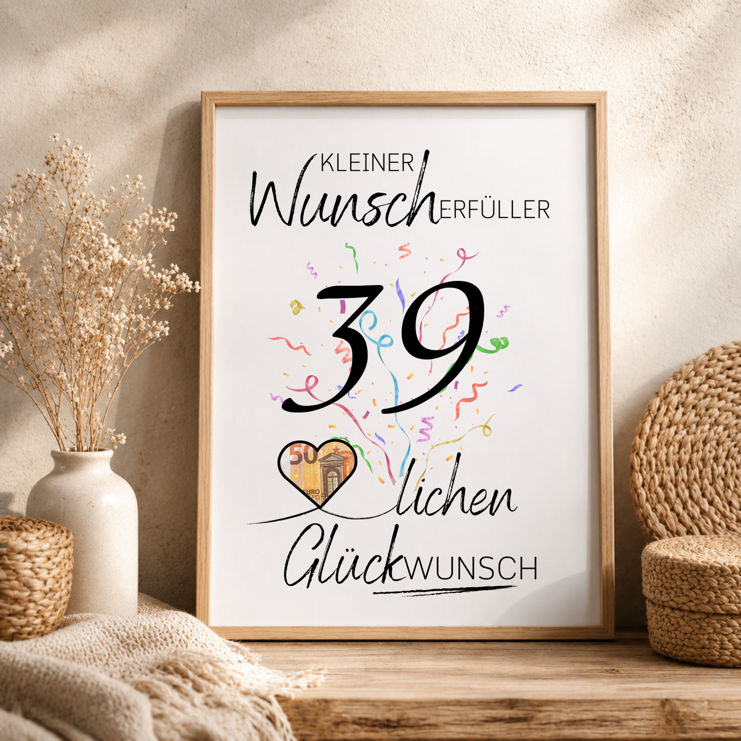 Geldgeschenk 39. Geburtstag Printable mit Konfetti, Schriftzug Kleiner Wunscherfüller, Herz für Geldschein und modernem Geburtstagsdesign zum Ausdrucken