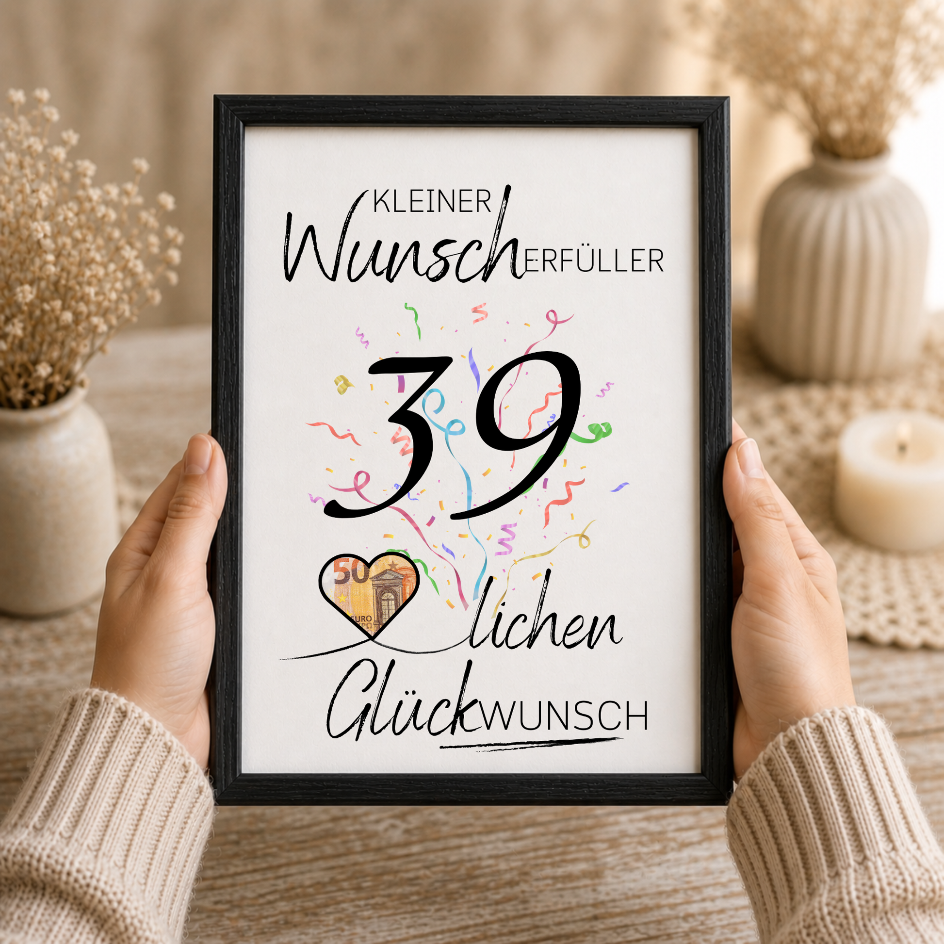 Geldgeschenk 39. Geburtstag Printable mit Konfetti, Schriftzug Kleiner Wunscherfüller, Herz für Geldschein und modernem Geburtstagsdesign zum Ausdrucken