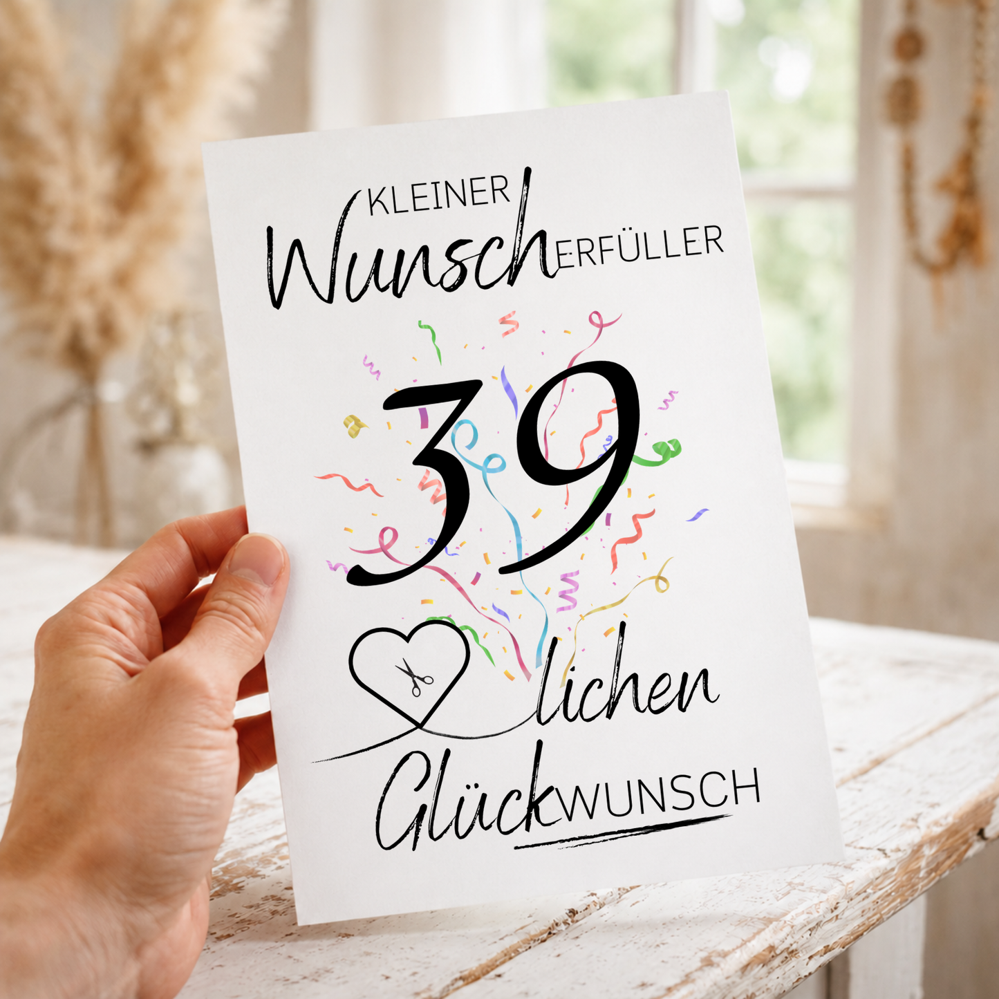 Geldgeschenk 39. Geburtstag Printable mit Konfetti, Schriftzug Kleiner Wunscherfüller, Herz für Geldschein und modernem Geburtstagsdesign zum Ausdrucken