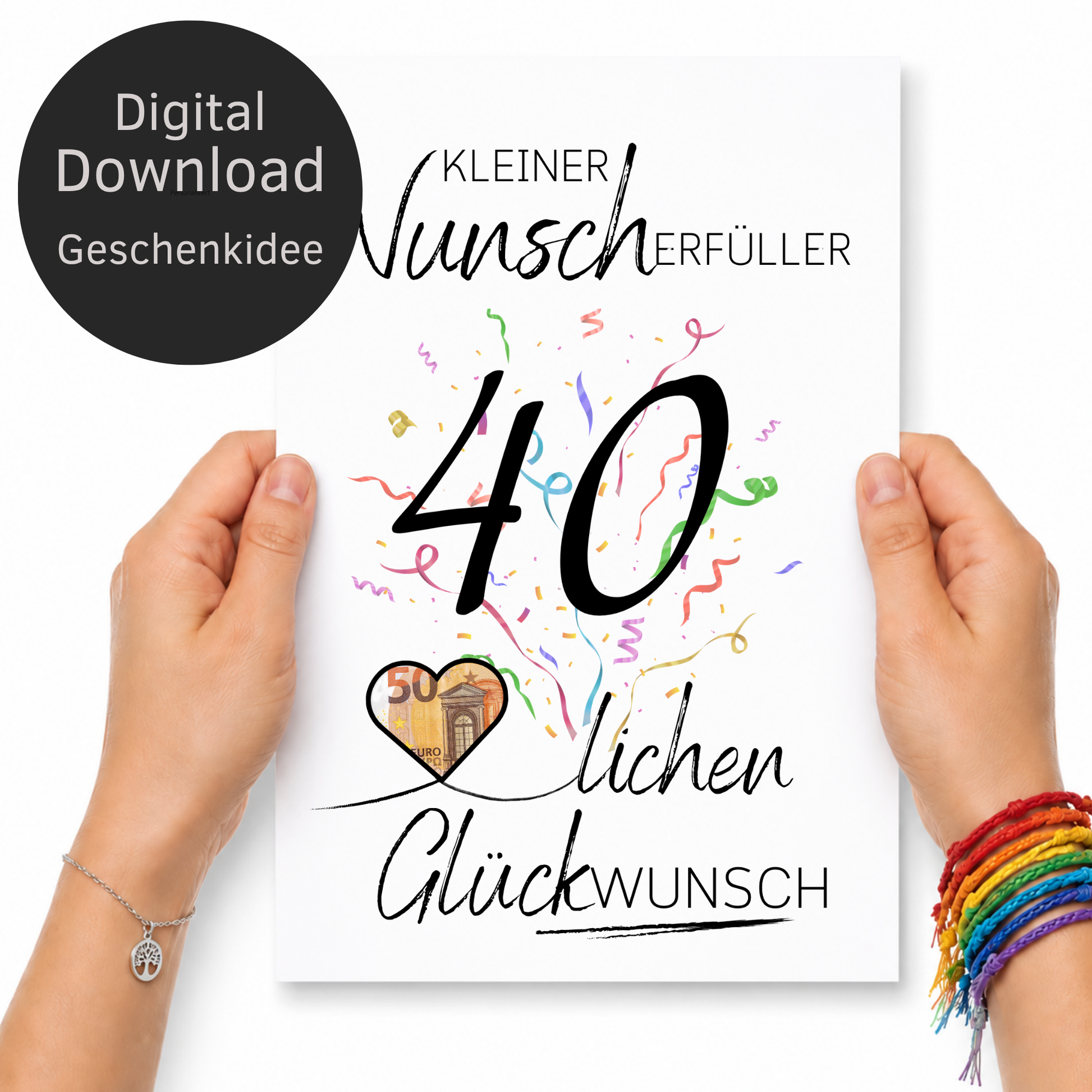 Geldgeschenk 40. Geburtstag Printable mit Schriftzug Kleiner Wunscherfüller, großer Zahl 40, buntem Konfetti und Herzmotiv für Geldschein zum Ausdrucken