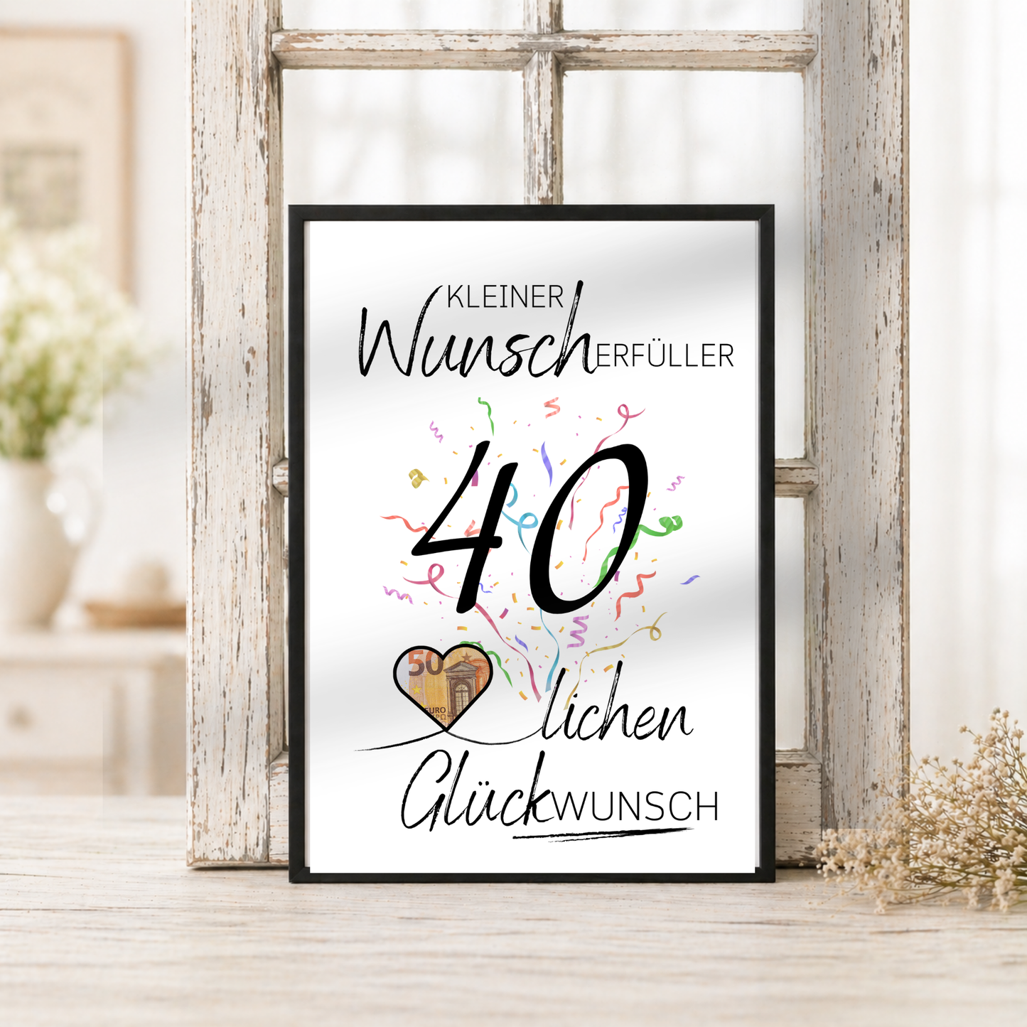 Geldgeschenk 40. Geburtstag Printable mit Schriftzug Kleiner Wunscherfüller, großer Zahl 40, buntem Konfetti und Herzmotiv für Geldschein zum Ausdrucken