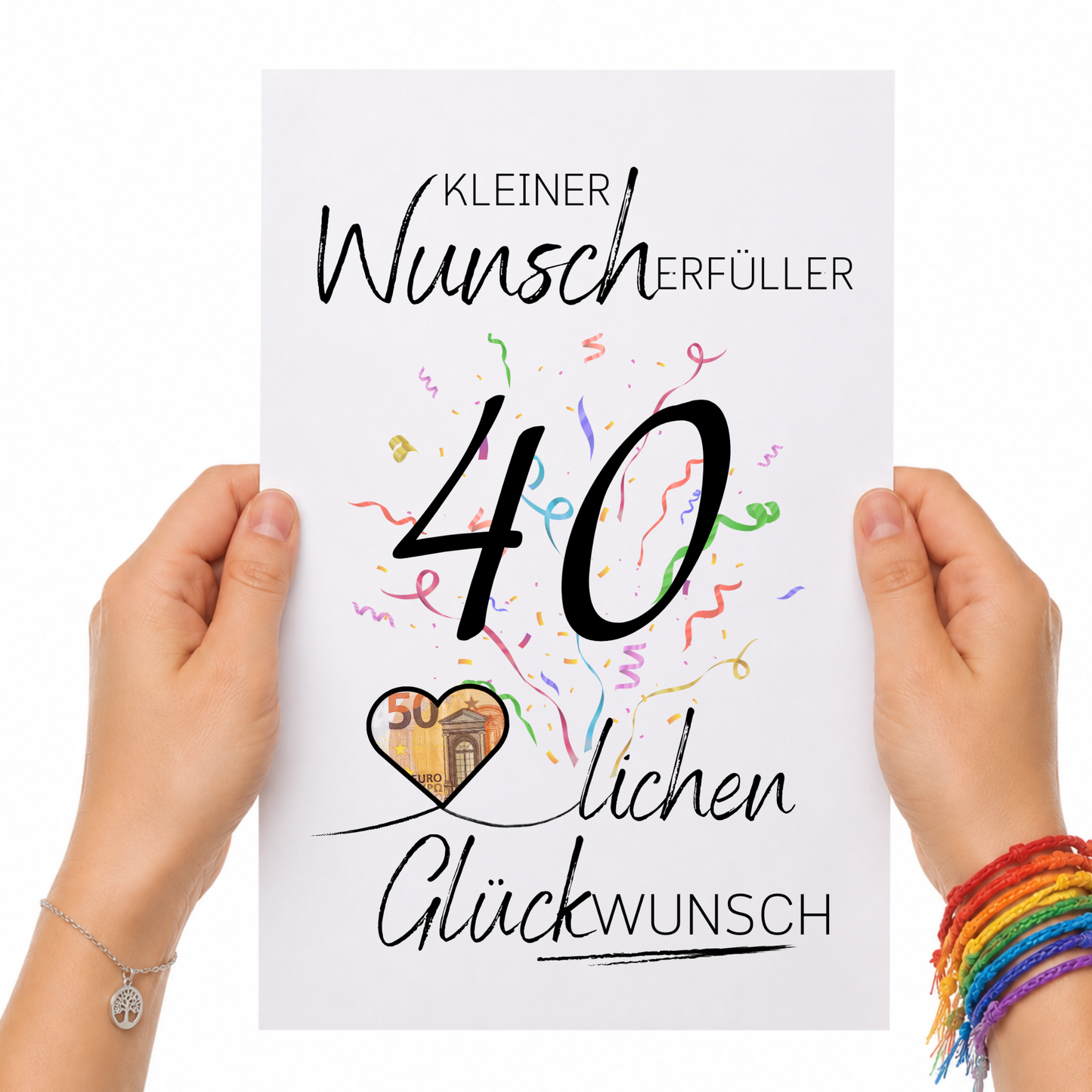Geldgeschenk 40. Geburtstag Printable mit Schriftzug Kleiner Wunscherfüller, großer Zahl 40, buntem Konfetti und Herzmotiv für Geldschein zum Ausdrucken