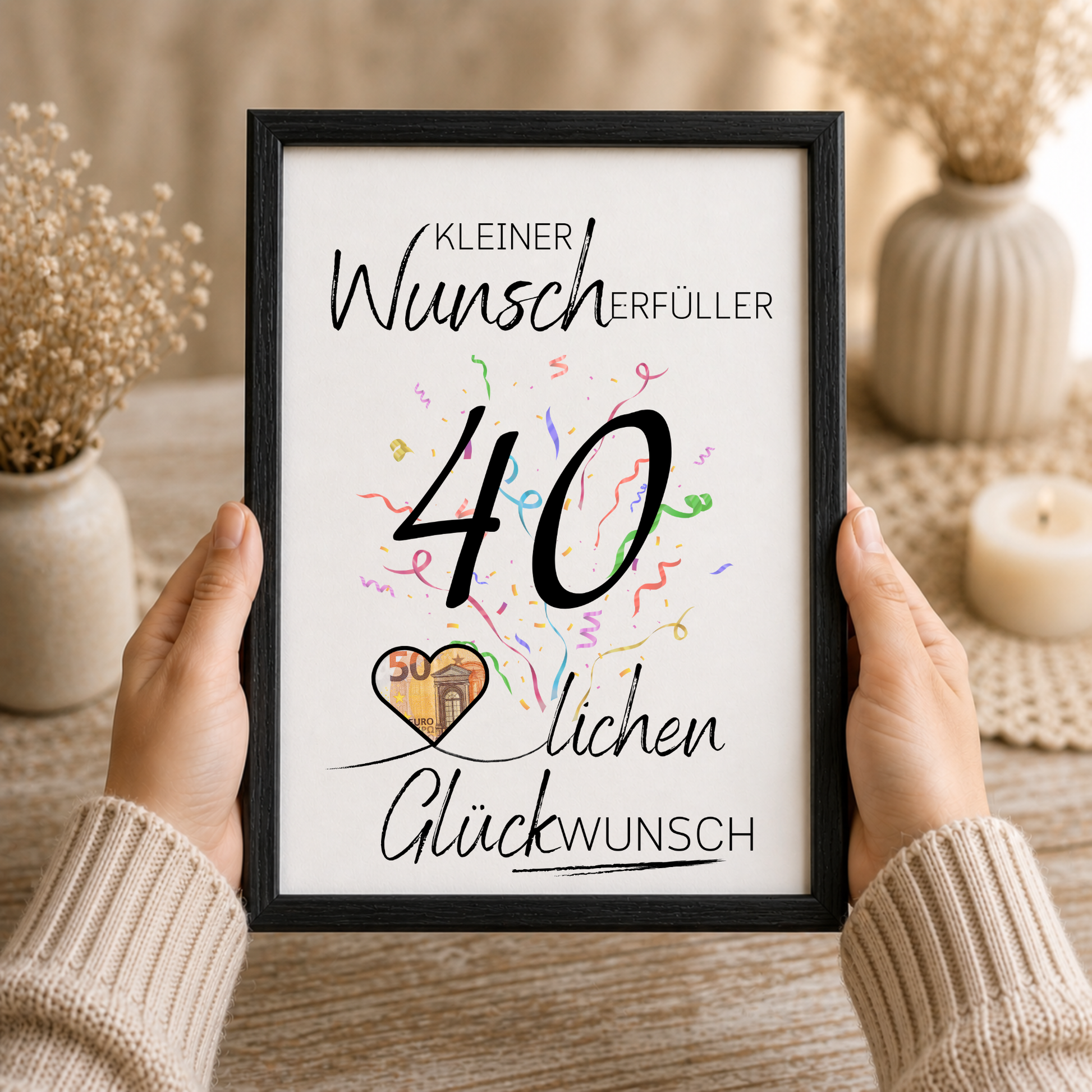 Geldgeschenk 40. Geburtstag Printable mit Schriftzug Kleiner Wunscherfüller, großer Zahl 40, buntem Konfetti und Herzmotiv für Geldschein zum Ausdrucken