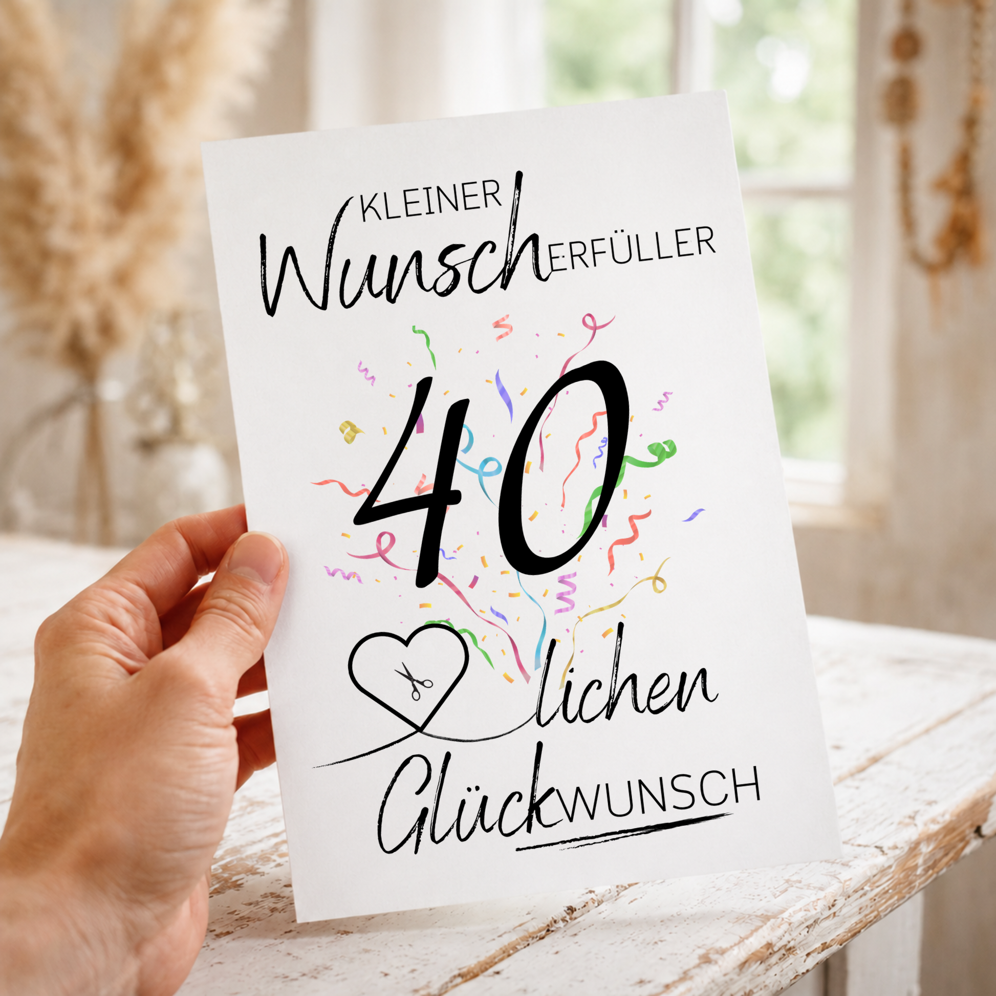 Geldgeschenk 40. Geburtstag Printable mit Schriftzug Kleiner Wunscherfüller, großer Zahl 40, buntem Konfetti und Herzmotiv für Geldschein zum Ausdrucken