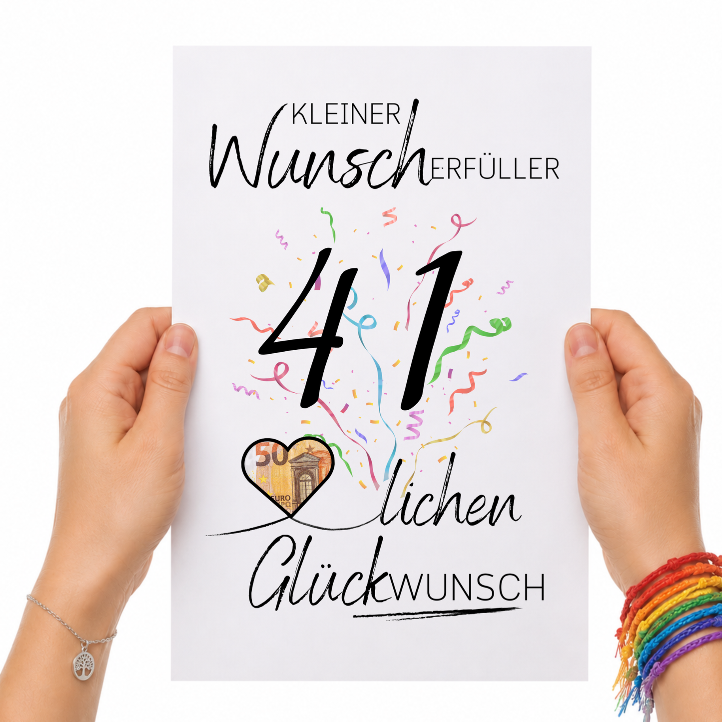 Geldgeschenk 41. Geburtstag Printable mit Schriftzug Kleiner Wunscherfüller, großer Zahl 41, buntem Konfetti und Herzmotiv für Geldschein zum Ausdrucken