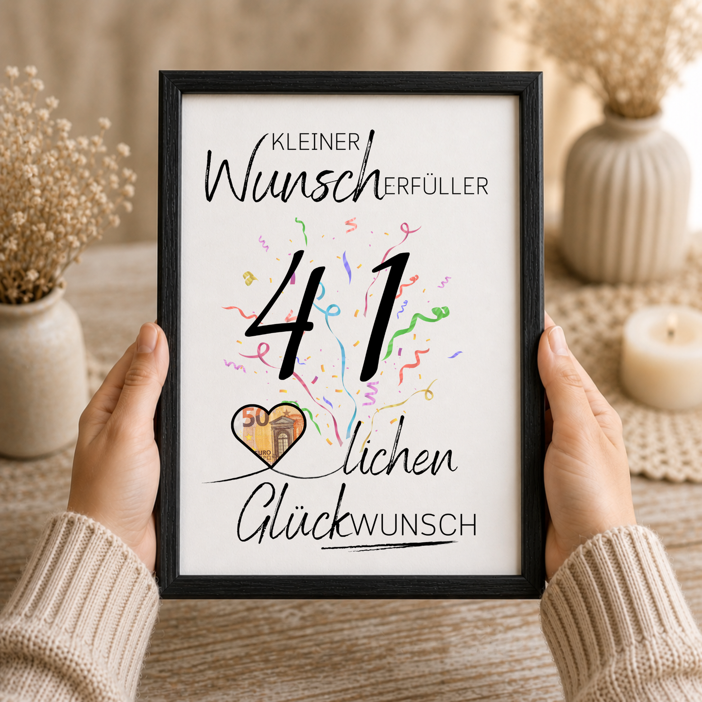Geldgeschenk 41. Geburtstag Printable mit Schriftzug Kleiner Wunscherfüller, großer Zahl 41, buntem Konfetti und Herzmotiv für Geldschein zum Ausdrucken