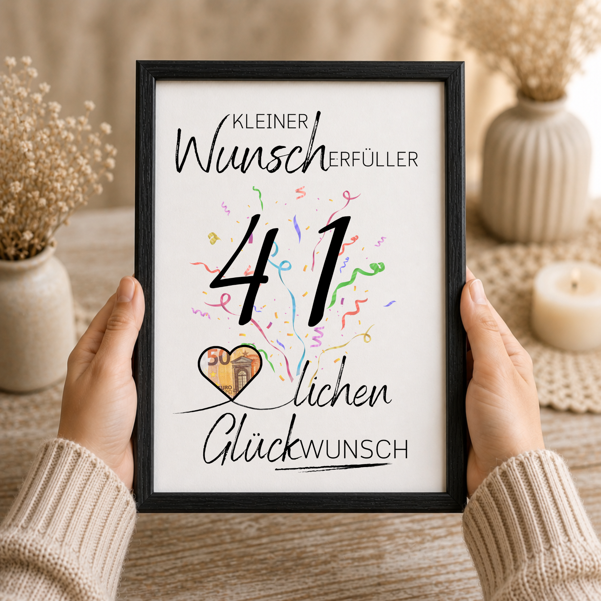 Geldgeschenk 41. Geburtstag Printable mit Schriftzug Kleiner Wunscherfüller, großer Zahl 41, buntem Konfetti und Herzmotiv für Geldschein zum Ausdrucken
