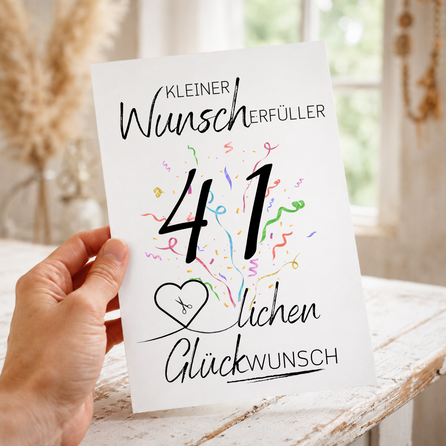 Geldgeschenk 41. Geburtstag Printable mit Schriftzug Kleiner Wunscherfüller, großer Zahl 41, buntem Konfetti und Herzmotiv für Geldschein zum Ausdrucken