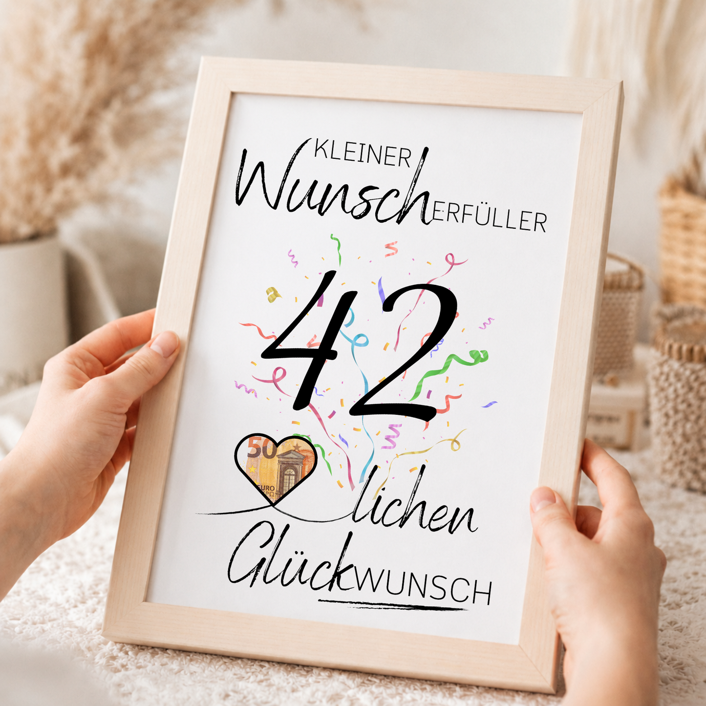 Geldgeschenk 42 Geburtstag Printable mit Konfetti, Herzmotiv und Schriftzug Kleiner Wunscherfüller Glückwunsch als Digital Download zum Ausdrucken