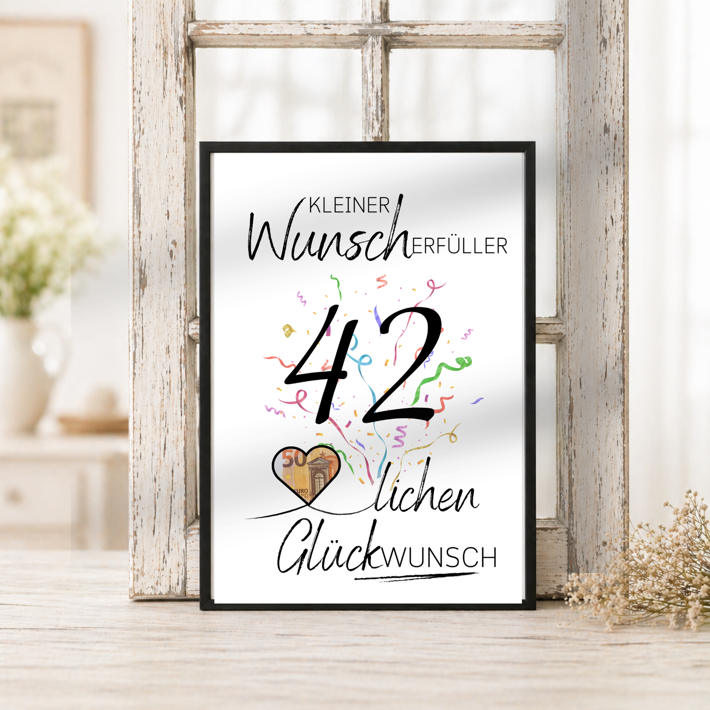 Geldgeschenk 42 Geburtstag Printable mit Konfetti, Herzmotiv und Schriftzug Kleiner Wunscherfüller Glückwunsch als Digital Download zum Ausdrucken
