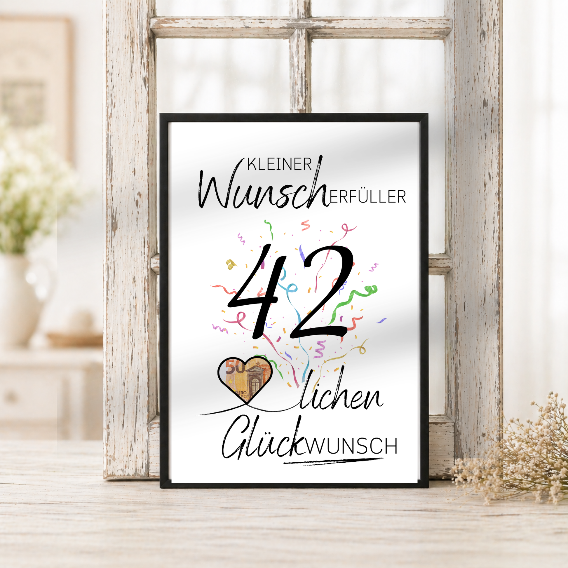 Geldgeschenk 42 Geburtstag Printable mit Konfetti, Herzmotiv und Schriftzug Kleiner Wunscherfüller Glückwunsch als Digital Download zum Ausdrucken