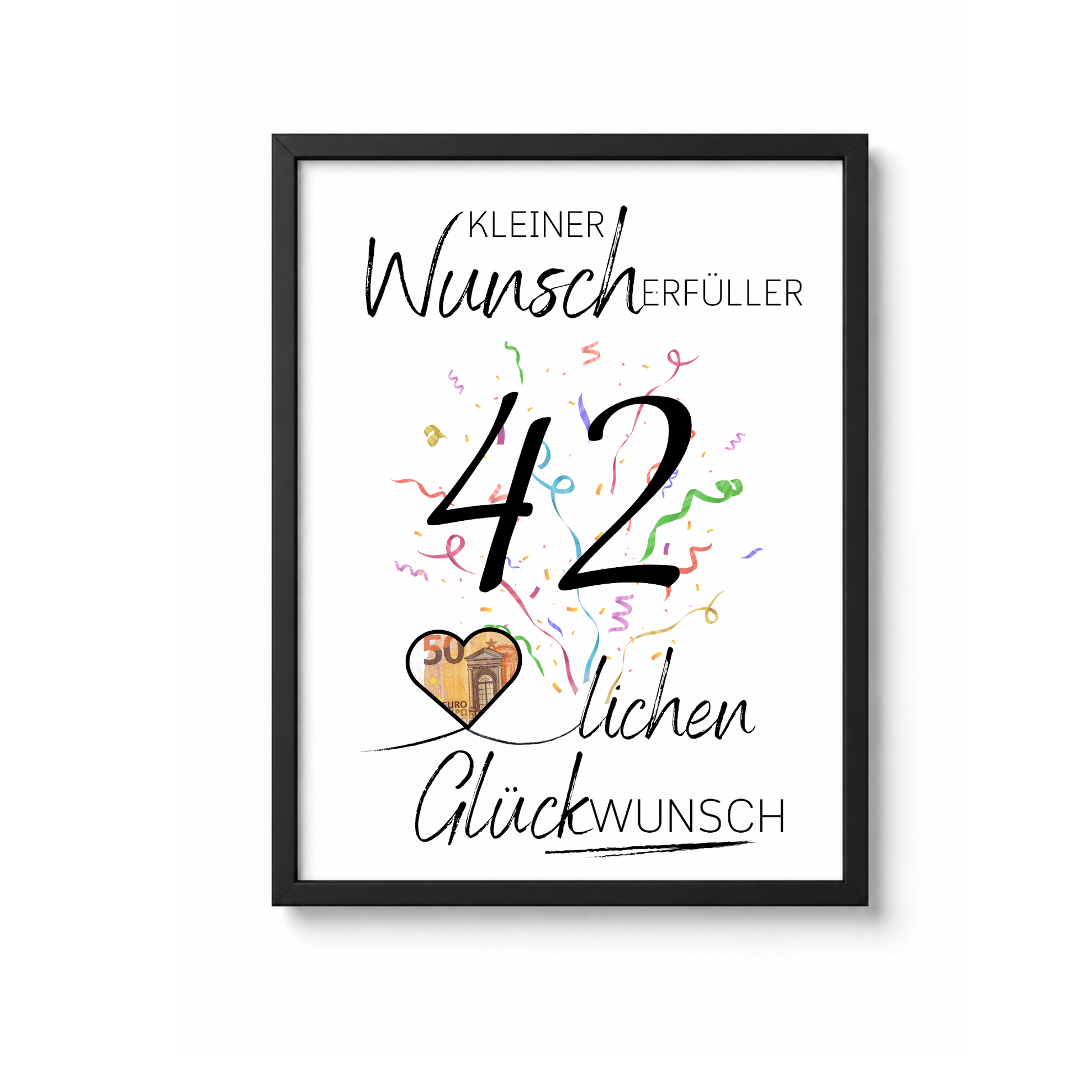 Geldgeschenk 42 Geburtstag Printable mit Konfetti, Herzmotiv und Schriftzug Kleiner Wunscherfüller Glückwunsch als Digital Download zum Ausdrucken