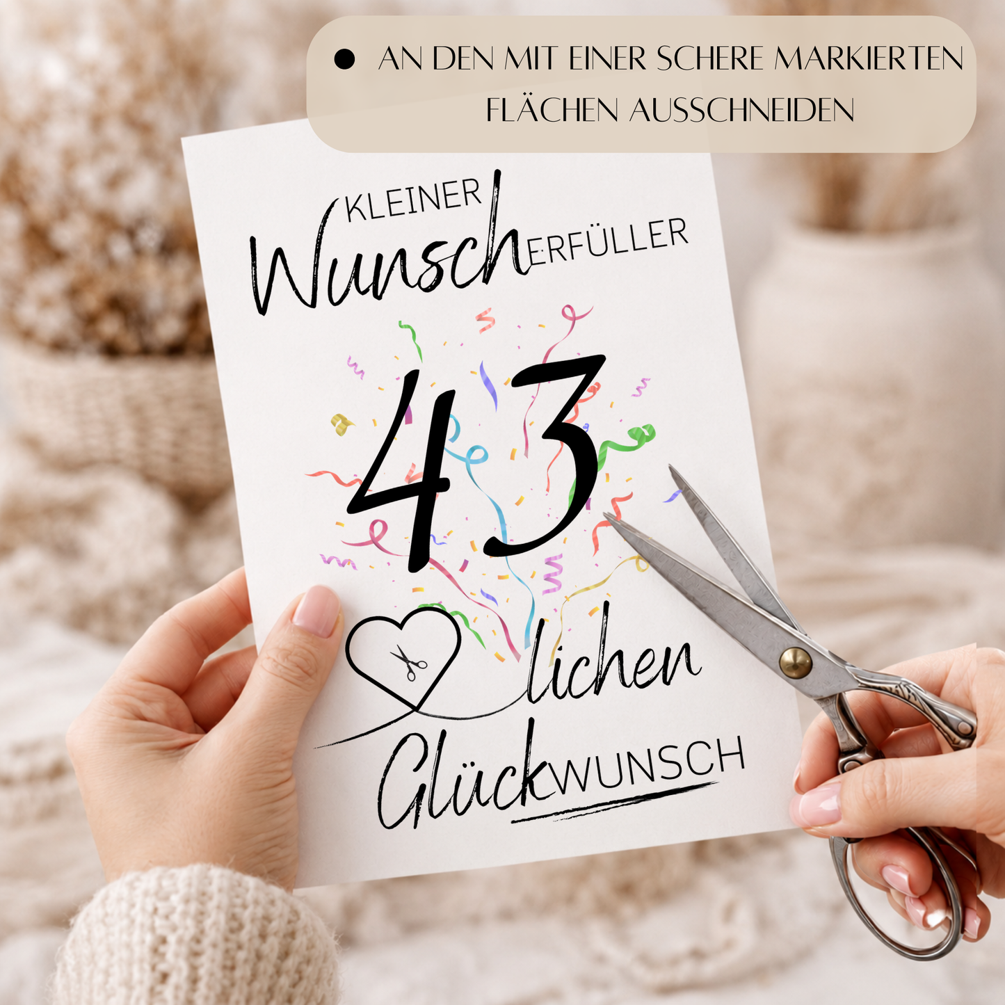 Geldgeschenk 43. Geburtstag Printable mit Konfetti, schwarzer Typografie, Herz für Geldschein, Wunscherfüller Design und Glückwunsch Schriftzug zum Ausdrucken