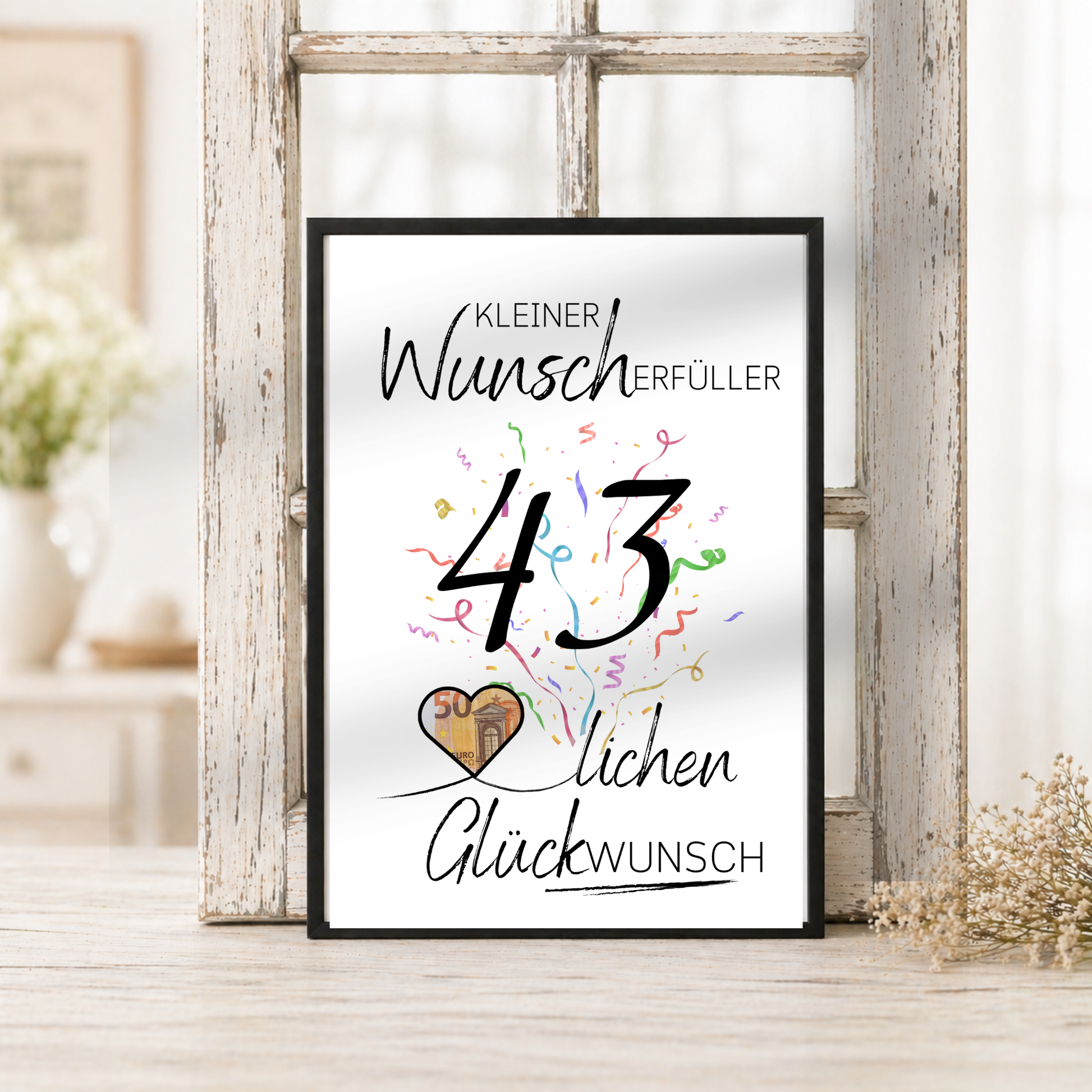 Geldgeschenk 43. Geburtstag Printable mit Konfetti, schwarzer Typografie, Herz für Geldschein, Wunscherfüller Design und Glückwunsch Schriftzug zum Ausdrucken