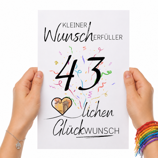 Geldgeschenk 43. Geburtstag Printable mit Konfetti, schwarzer Typografie, Herz für Geldschein, Wunscherfüller Design und Glückwunsch Schriftzug zum Ausdrucken